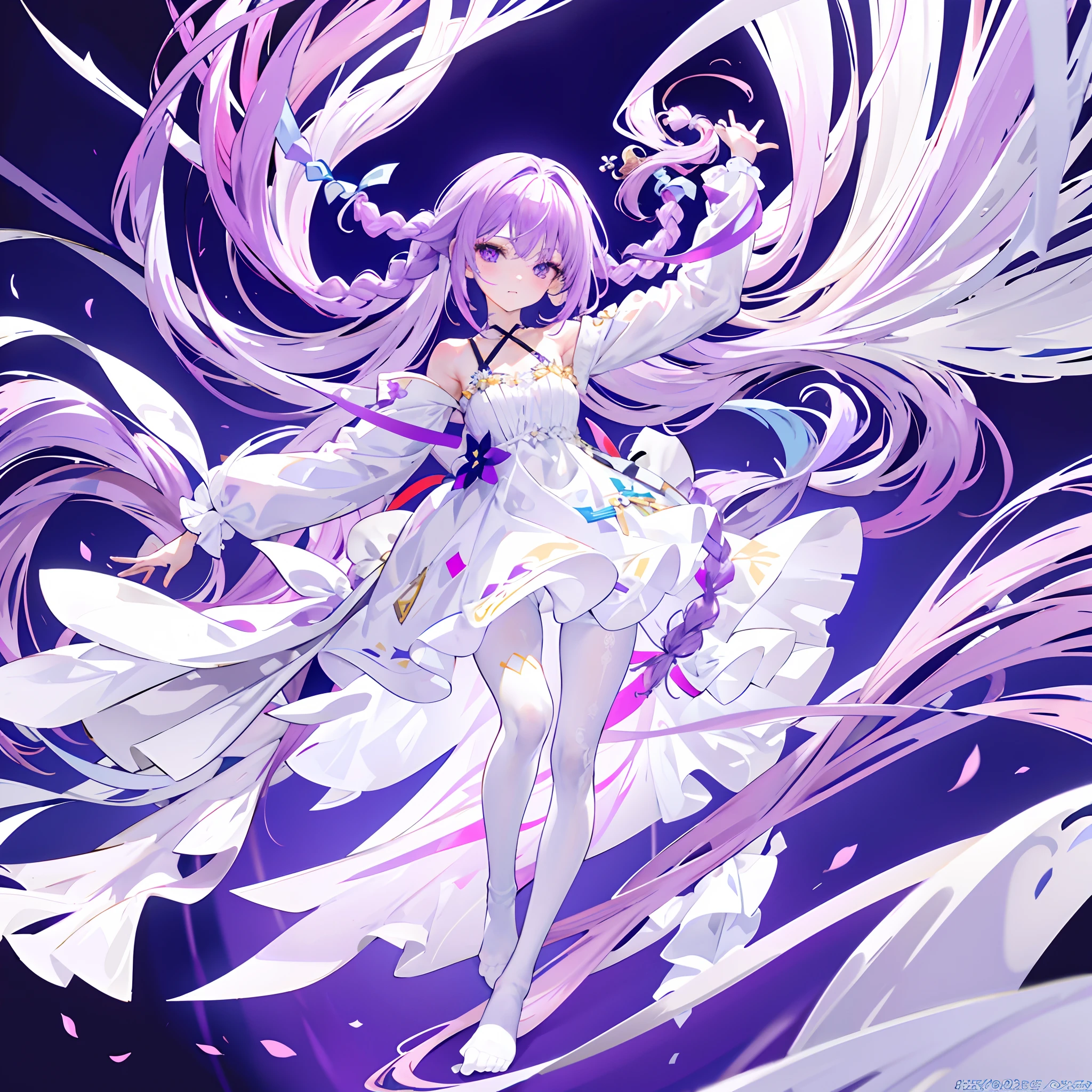 Purple colored hair,long whitr hair,Purple eyes,Twist braids,adolable,teens girl,Wearing a beautiful white dress,White silk pantyhose,There are no shoes on the feet,full-body photo on the front,All body,Fingers and arms are not exposed,Background sandy beach,with blue sky and white clouds,Flowers and bushes