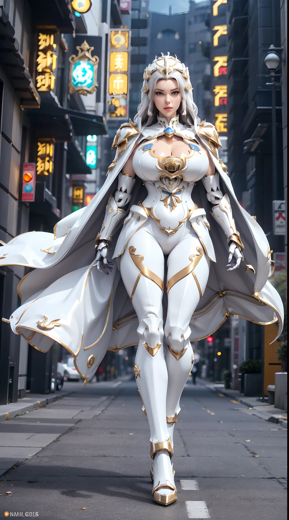 1GIRL, SOLO, (DARK HAIR, HAIR ORNAMENT:1), (HUGE FAKE BOOBS:1.3), (white, gold, FUTURISTIC DRAGON MECHA ARMOR SUIT, ROYAL CAPE, CLEAVAGE:1.5), (SKINTIGHT YOGA PANTS, HIGH HEELS:1.2), (GLAMOROUS BODY, SEXY LONG LEGS, FULL BODY:1.3), (FROM FRONT, LOOKING AT VIEWER:1), (WALKING DOWN ON STREET NIGHT CITY:1.3), ULTRA HIGHT DEFINITION, 8K, 1080P.