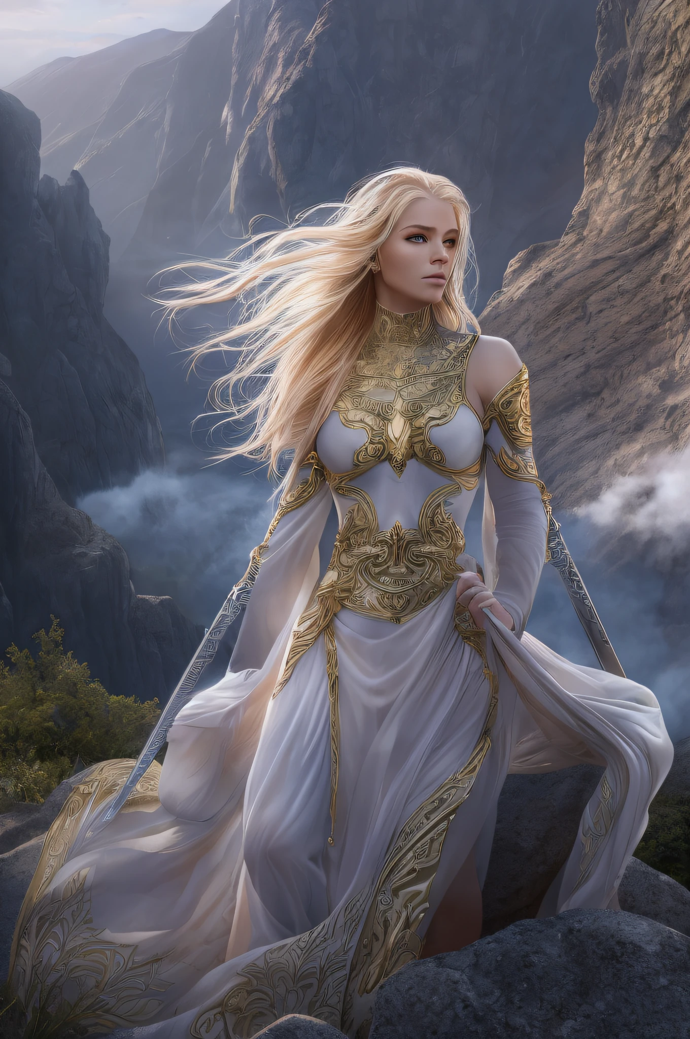 (best quality,4k,8k,highres,masterpiece:1.2),ultra-detailed,(realistic,photorealistic,photo-realistic:1.37),Nordic Goddess,long blonde hair,fierce blue eyes,warrior goddess,strong and confident,detailed face expression,beautiful and toned body,nude,side view,feminine and powerful,graceful pose,standing on a rocky cliff,breathtaking landscape in the background,mysterious mist enveloping the surroundings,sunlight filtering through the clouds,casting a golden glow,her long hair flowing in the wind,dressed in golden armor,ornate engravings and intricate details on the armor,flowing cape made of white feathers,resembling angel wings,powerful sword held firmly in her hand,aura of divine light surrounding her,body adorned with elegant Nordic tattoos,each symbol telling a story of her strength and wisdom,dream-like atmosphere,with ethereal colors and soft transitions between light and shadow but still maintaining vibrant tones,touch of cold blue and silver hues to reflect her Nordic heritage,subtle but dramatic contrast between warm and cool tones,expressing the duality of her character,creating a sense of awe and reverence.