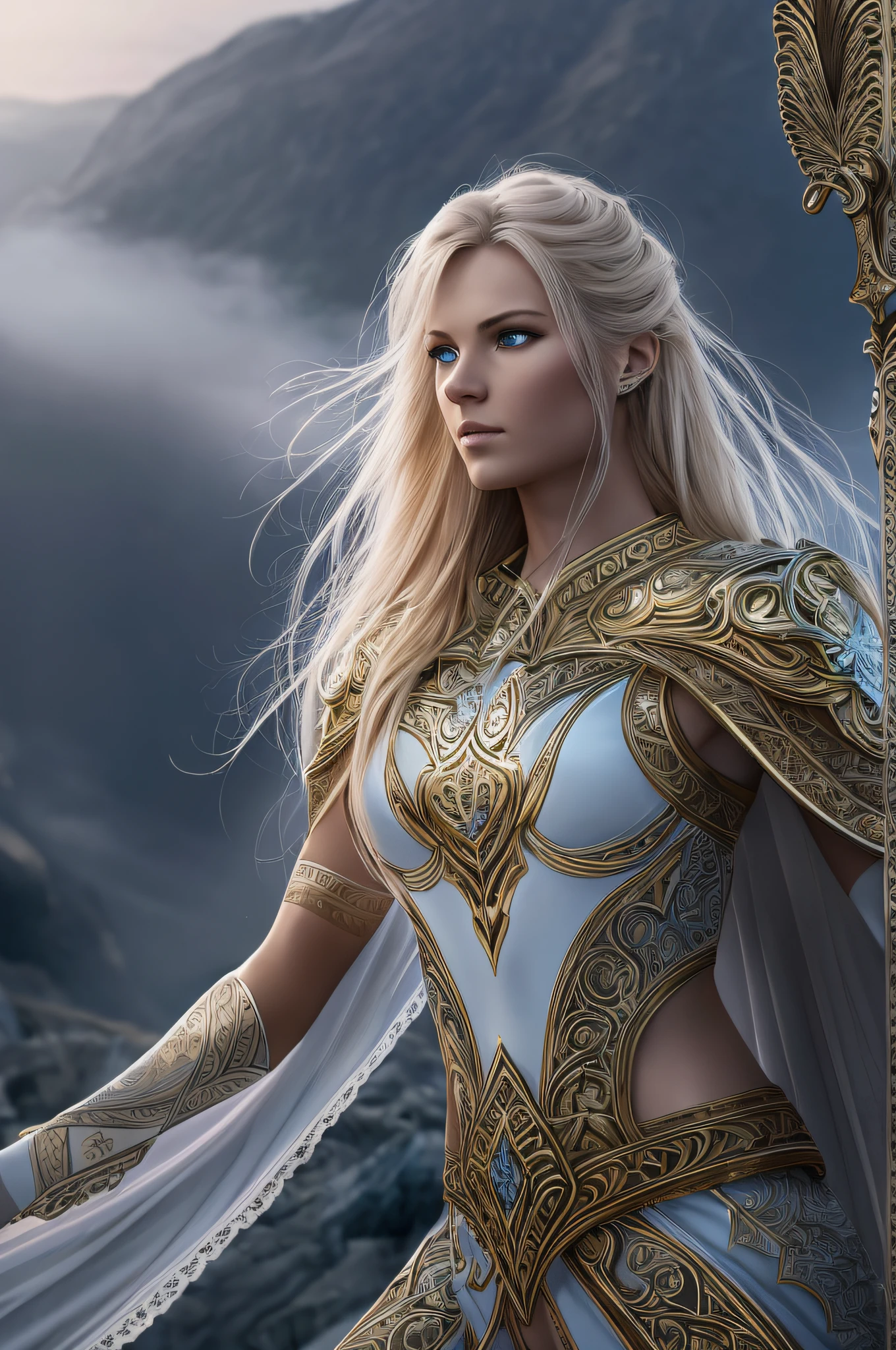 (best quality,4k,8k,highres,masterpiece:1.2),ultra-detailed,(realistic,photorealistic,photo-realistic:1.37),Nordic Goddess,long blonde hair,fierce blue eyes,warrior goddess,strong and confident,detailed face expression,beautiful and toned body,nude,side view,feminine and powerful,graceful pose,standing on a rocky cliff,breathtaking landscape in the background,mysterious mist enveloping the surroundings,sunlight filtering through the clouds,casting a golden glow,her long hair flowing in the wind,dressed in golden armor,ornate engravings and intricate details on the armor,flowing cape made of white feathers,resembling angel wings,powerful sword held firmly in her hand,aura of divine light surrounding her,body adorned with elegant Nordic tattoos,each symbol telling a story of her strength and wisdom,dream-like atmosphere,with ethereal colors and soft transitions between light and shadow but still maintaining vibrant tones,touch of cold blue and silver hues to reflect her Nordic heritage,subtle but dramatic contrast between warm and cool tones,expressing the duality of her character,creating a sense of awe and reverence.