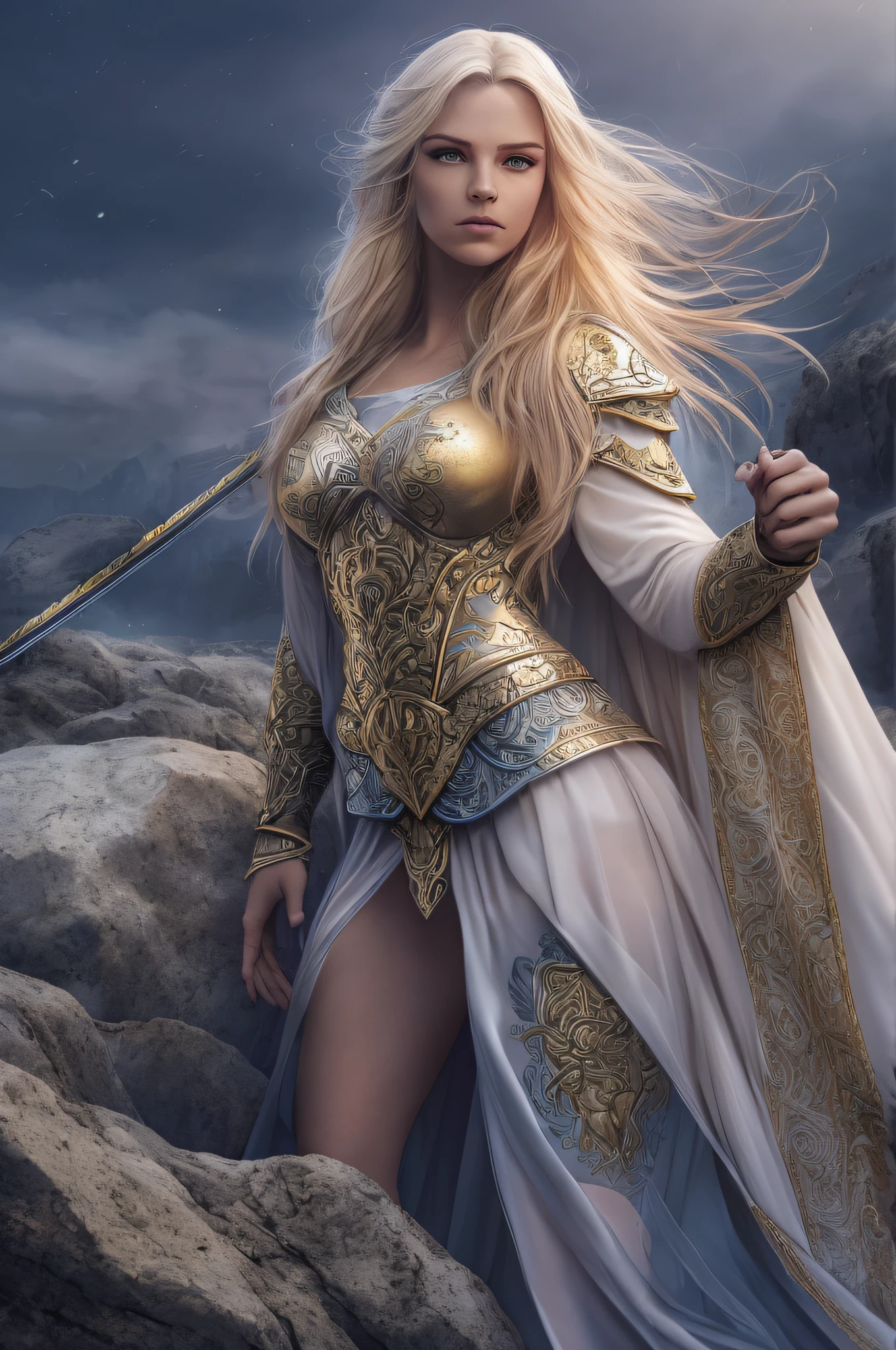 (best quality,4k,8k,highres,masterpiece:1.2),ultra-detailed,(realistic,photorealistic,photo-realistic:1.37),Nordic Goddess,long blonde hair,fierce blue eyes,warrior goddess,strong and confident,detailed face expression,beautiful and toned body,nude,side view,feminine and powerful,graceful pose,standing on a rocky cliff,breathtaking landscape in the background,mysterious mist enveloping the surroundings,sunlight filtering through the clouds,casting a golden glow,her long hair flowing in the wind,dressed in golden armor,ornate engravings and intricate details on the armor,flowing cape made of white feathers,resembling angel wings,powerful sword held firmly in her hand,aura of divine light surrounding her,body adorned with elegant Nordic tattoos,each symbol telling a story of her strength and wisdom,dream-like atmosphere,with ethereal colors and soft transitions between light and shadow but still maintaining vibrant tones,touch of cold blue and silver hues to reflect her Nordic heritage,subtle but dramatic contrast between warm and cool tones,expressing the duality of her character,creating a sense of awe and reverence.