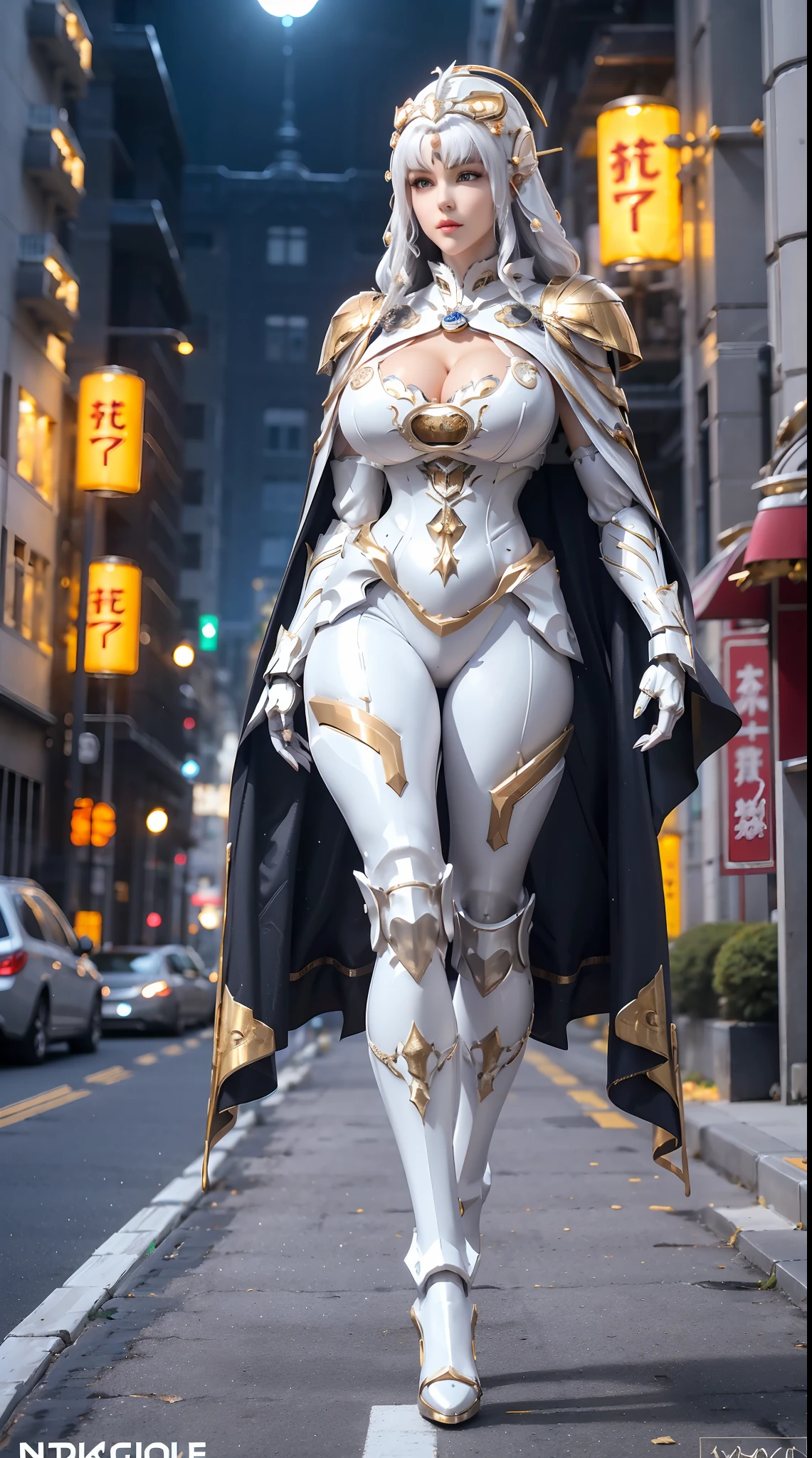 1GIRL, SOLO, (DARK HAIR, HAIR ORNAMENT:1), (HUGE FAKE BOOBS:1.3), (white, gold, FUTURISTIC DRAGON MECHA ARMOR SUIT, ROYAL CAPE, CLEAVAGE:1.5), (SKINTIGHT YOGA PANTS, HIGH HEELS:1.2), (GLAMOROUS BODY, SEXY LONG LEGS, FULL BODY:1.3), (FROM FRONT, LOOKING AT VIEWER:1), (WALKING DOWN ON STREET NIGHT CITY:1.3), ULTRA HIGHT DEFINITION, 8K, 1080P.
