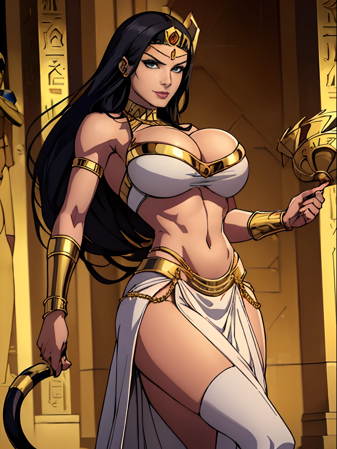 (masterpiece, top quality, best quality, official art, beautiful and aesthetic:1.2), (1girl:1.3), (((statue))), black skin, obsidian skin, extremely detailed, portrait, looking at viewer, solo, (full body:0.6), detailed background, close up, mischievous eyes, (hot summer Egypt theme:1.1), Egyptian goddess, gold Egyptian mask, gold facemask, (very long neck), pharaoh crown, mummy mask, Persian nose, bold nose, long nose, arched nose, downturned nose, large nose, black stone skin, onyx, charlatan, smirk, mysterious, walking in desert, revealing white and gold Egyptian silks, ((cobra head)), white short skirts, ((draped halter top), criss cross halter top, criss-cross halter top, criss cross straps, criss-cross straps), jewelry, white fabric, gold jewelry, precious stones, dual sickle swords, ((((gigantic breasts, cleavage, skindentation)))), slim waist, slim hips, long legs, ancient (Egyptian temple exterior:1.1) background, dark mysterious lighting, shadows, magical atmosphere, dutch angle,