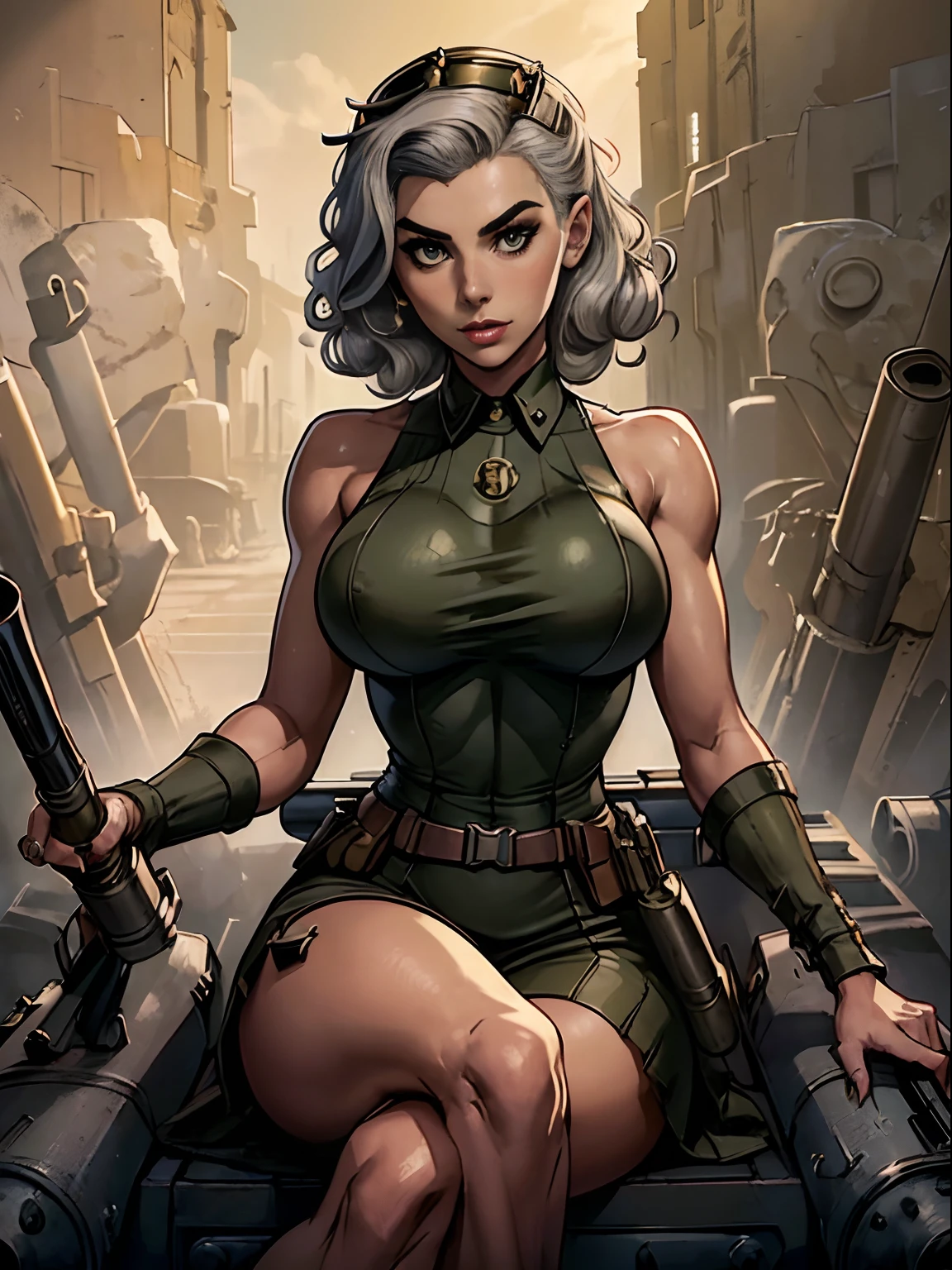 (masterpiece, top quality, best quality, official art, beautiful and aesthetic:1.2), (1girl:1.3), (gray hair victory curls), vintage 1940's American hairstyle, extremely detailed, portrait, looking at viewer, solo, (full body:0.6), detailed background, close up, vintage makeup, retro style, (warm summer military base theme:1.1), pinup girl, elegant face, long face, charlatan, smirk, mysterious, posing on top of a tank, ((riding the gun, barrel of the tank between her legs)), (((sitting on top of the gun barrel))), (((sitting on a missile))), (((straddling the barrel of the tank))), patriotic costume, high heels, legs, M4 Sherman tank, WWII tank, armored version vehicle,, (((( medium, breast )))), toned, slim waist, slim hips, long legs, muscular legs, historical (WW2 army base exterior:1.1) background, dark mysterious lighting, shadows, magical atmosphere, dutch angle