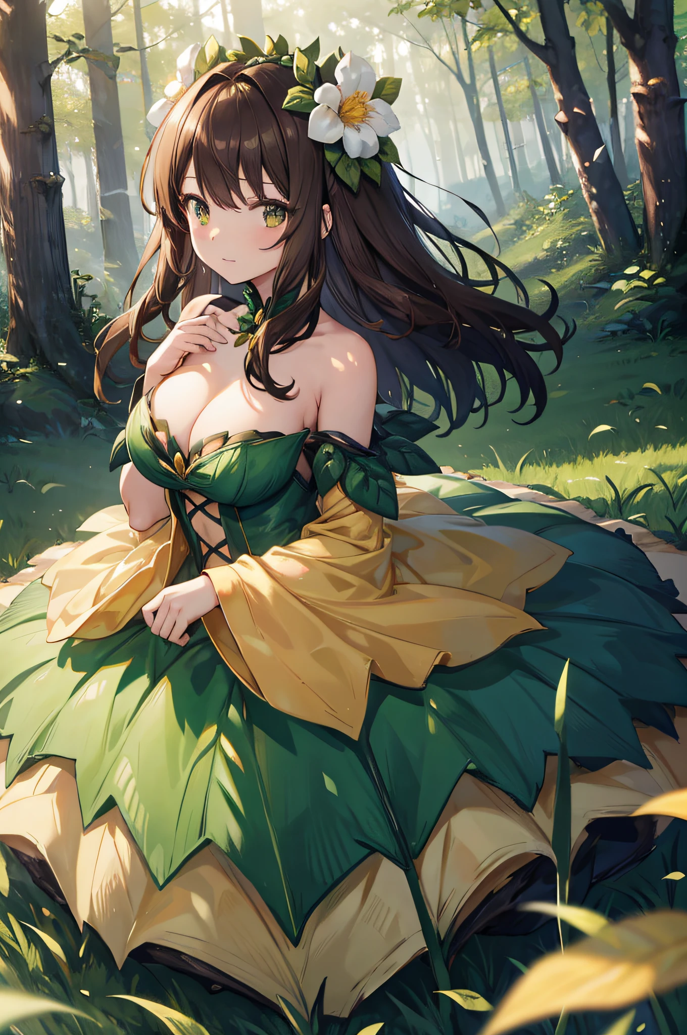 4K,hight resolution,One Woman,alraune,brown haired,Slightly larger,hime,Dress made of grass,Flower Embellishment,in woods