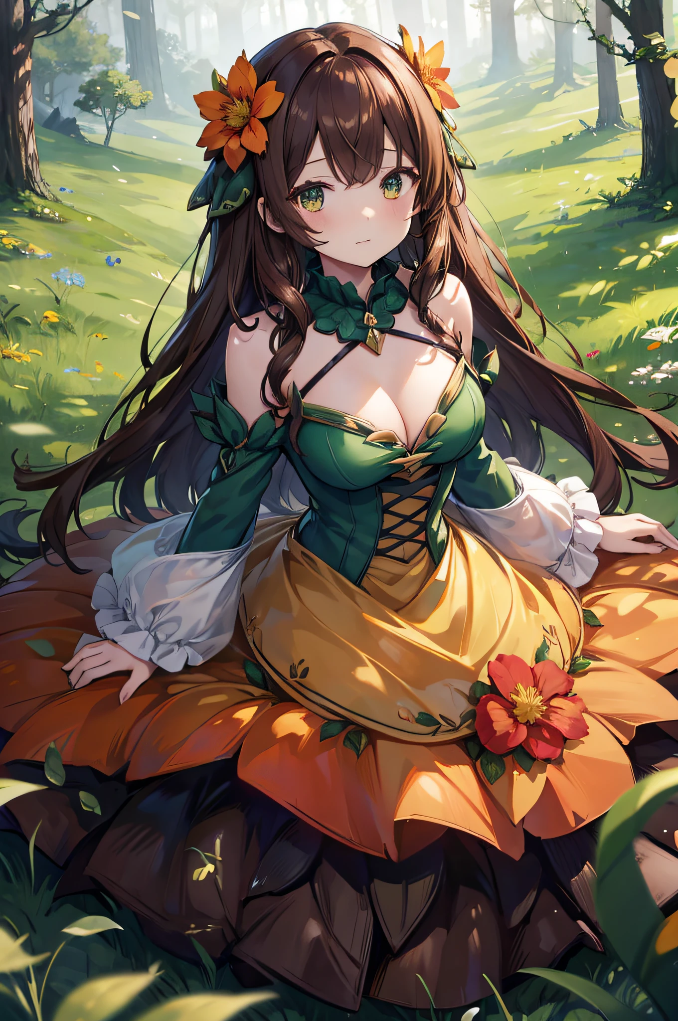 4K,hight resolution,One Woman,alraune,brown haired,Slightly larger,hime,Dress made of grass,Flower Embellishment,in woods