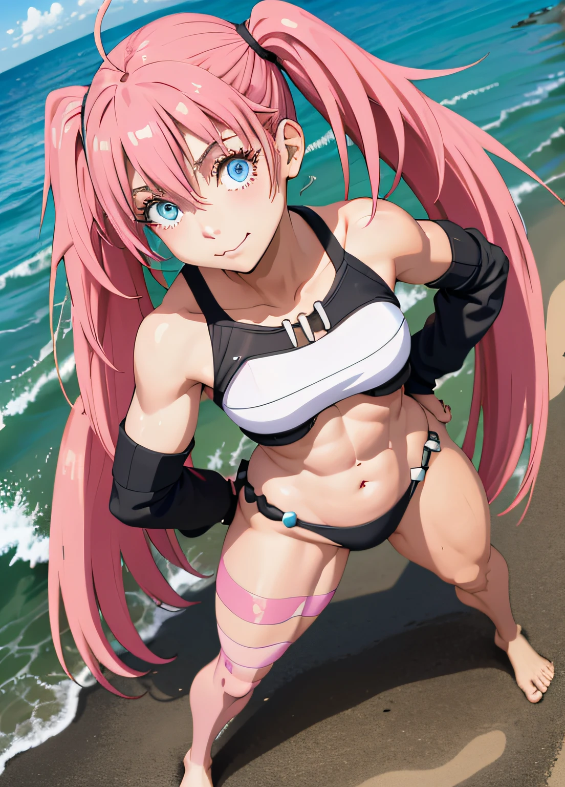 masterpiece, best quality, 1girl, solo, bikini, (pose with hands on waist), on the beach, looking at viewer, body paint, head tilt, happy, long pink hair, pigtails, blue eyes perfect, thick and muscular thighs, muscular belly, barefoot, medium breasts, full body photo, perfect hands