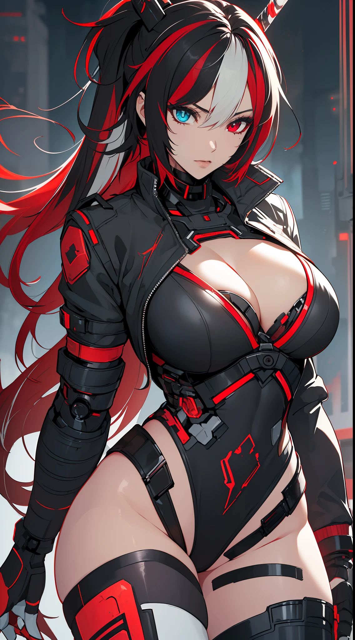 (best quality:1.2, masterpiece, anime) (solo) ((black hair:1.8), (hair with red highlights:1.7), (very long hair, single ponytail)), ((heterochromia_eyes_red_and_grey:1.4)), thick thighs, huge breasts, muscular, athletic, (cyborg:1.5), (robot arms:1.4), (robot legs:1.4), ((highcut leotard:1.8), one-piece, red_black_outift:1.3,) cleavage)), (jacket:1.3), (headgear, horn-like devices), toned body, 1 woman, (age 26), ((holding sword:1.6, katana, glowing)), beautiful, sexy, first rate body, (Lucia_Crimson_Weave:1.4), Lucia