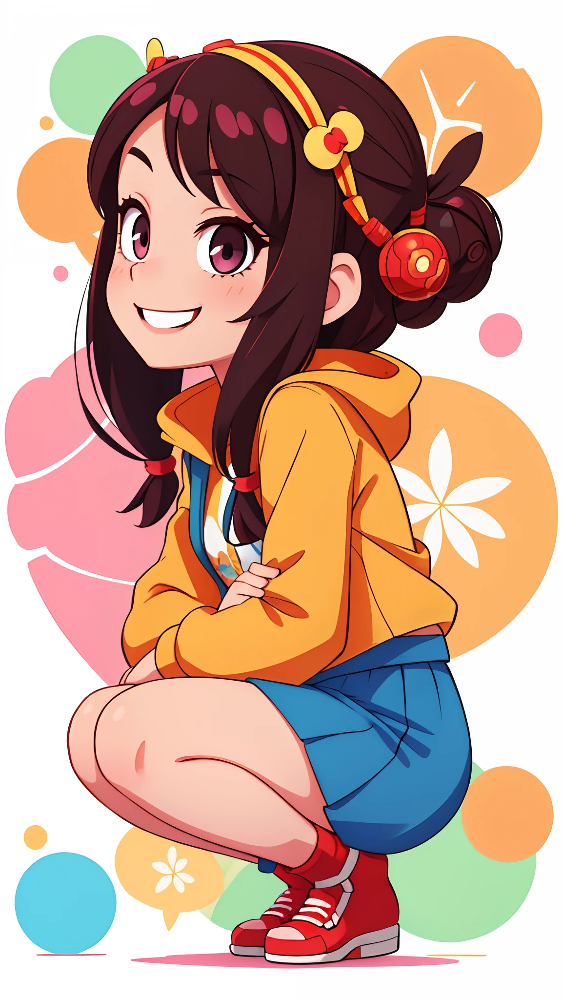 girl with、squatting with your knees、A smile、Eye Up、full body Esbian、Distinctive ethnic hair ornaments、Characteristic ethnic shoes、Taken from the side