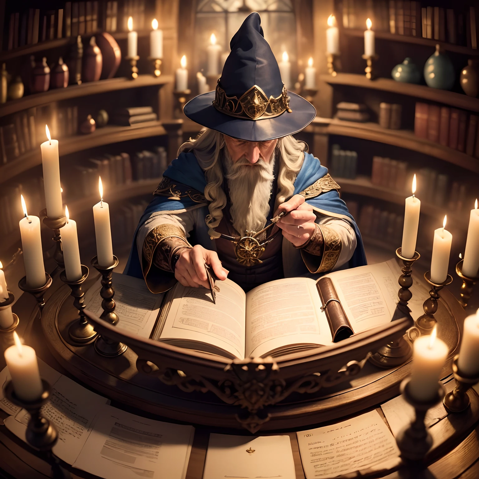 (high quality , ultra detailed , hand detailed , finger detailed ) A scene where a wizard is in his potion room concocting spells and elixirs. In this room holds a vast library of spell books and floating candles float above the wizard and his chemistry. The scene is beautifully made