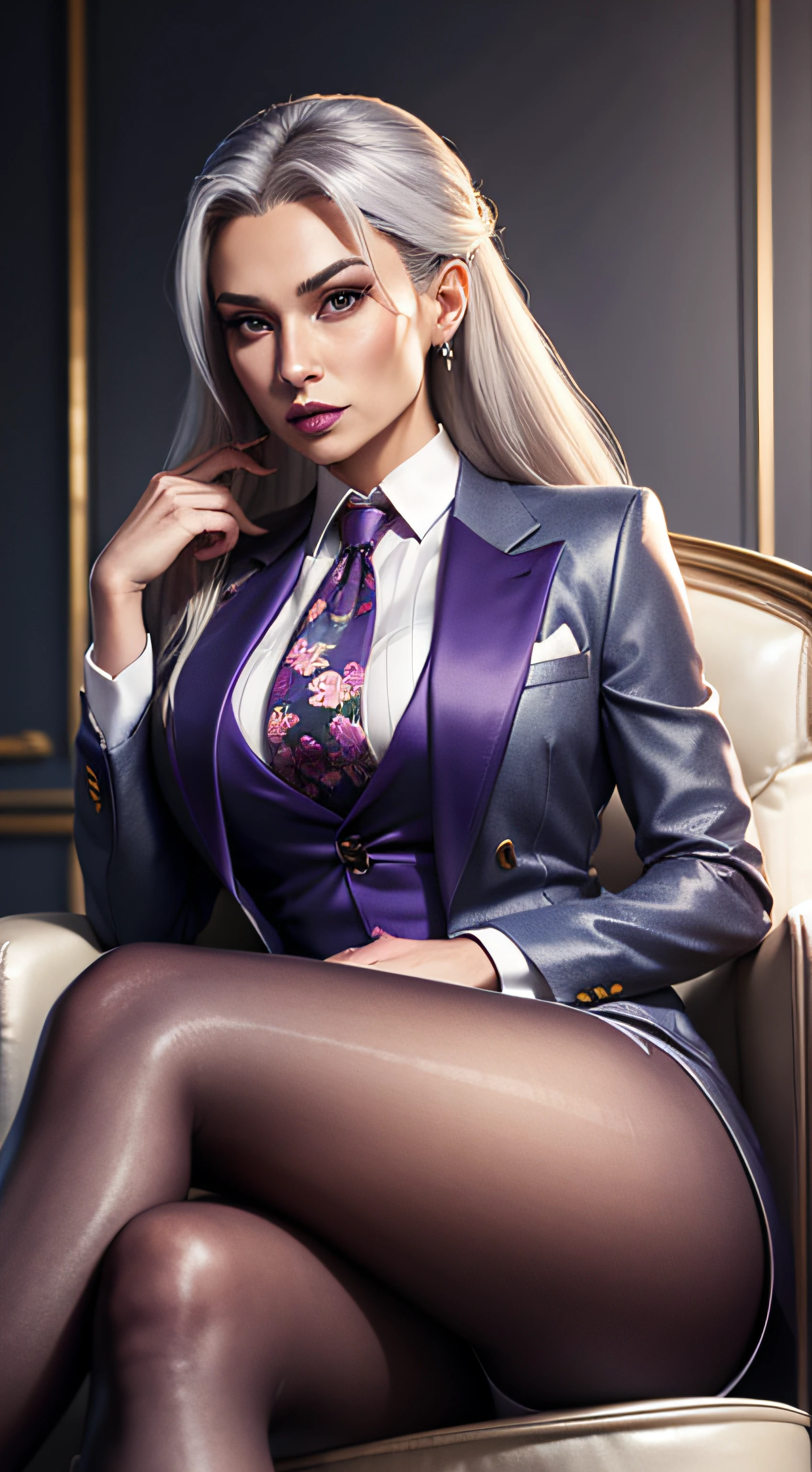 1 woman, SFW, perfect lighting, seios grandes,
gray hair
Sindel's Hair
long hair pulled back
Long, straight hair back
multicolored hair,
Sindel, 8k, perfect hands,((obra-prima)), purple skirt suit, satin suit and tie, (((three-piece suit))), silk dress shirt, shirt and tie, silk floral necktie, ((floral blazer)), ((suit jacket)), open jacket, ((waistcoat)), bodycon miniskirt, tights, pocket square, tie clip, | |
microvestido, MILF, sitting on throne, queen, empress, crossed legs, high class, sneer, disgust