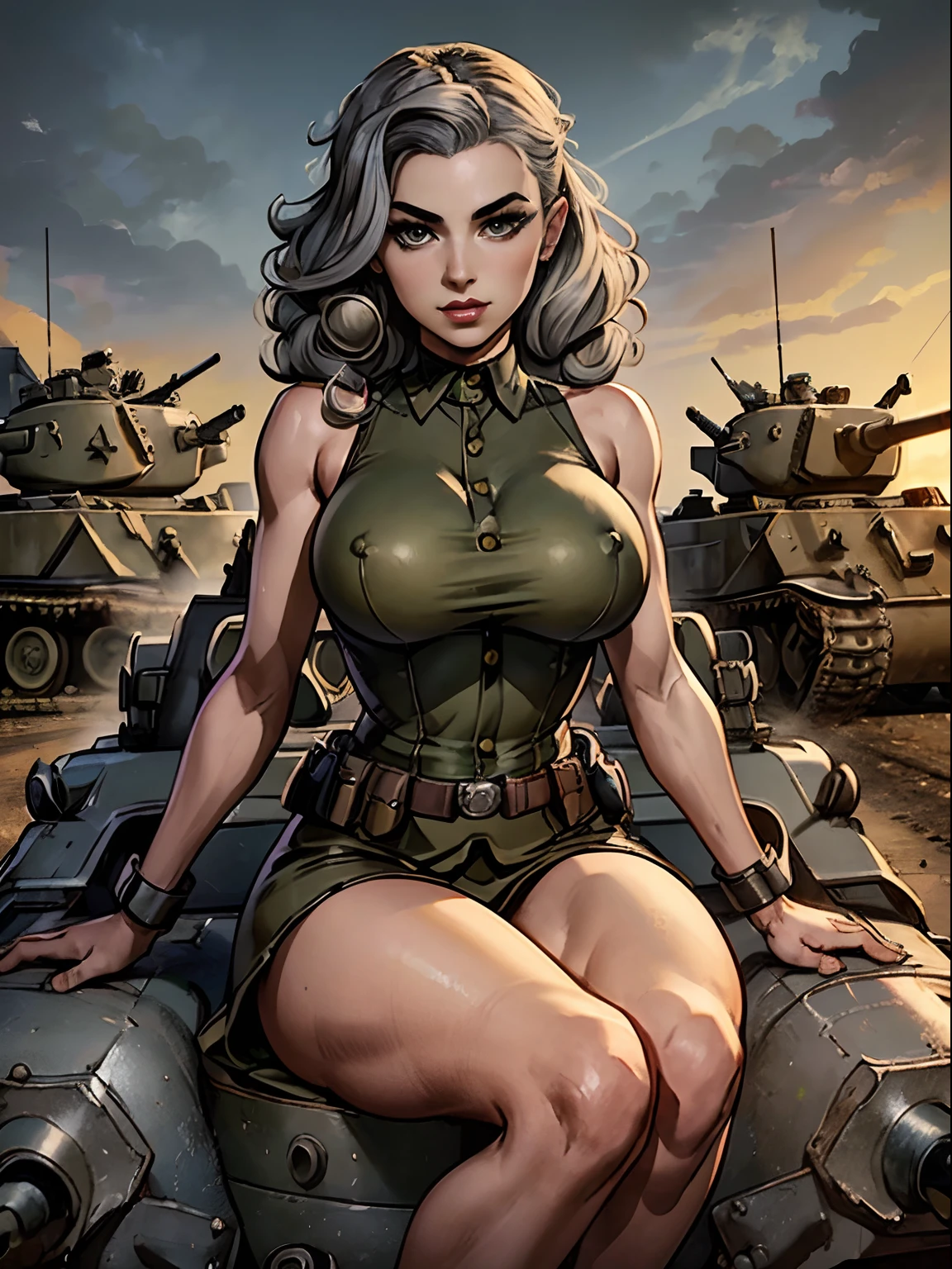 (masterpiece, top quality, best quality, official art, beautiful and aesthetic:1.2), (1girl:1.3), (gray hair victory curls), vintage 1940's American hairstyle, extremely detailed, portrait, looking at viewer, solo, (full body:0.6), detailed background, close up, vintage makeup, retro style, (warm summer military base theme:1.1), pinup girl, elegant face, long face, charlatan, smirk, mysterious, posing on top of a tank, ((riding the gun, barrel of the tank between her legs)), (((sitting on top of the gun barrel))), (((sitting on a bomb))), (((straddling the barrel of the tank))), patriotic costume, high heels, legs, M4 Sherman tank, WWII tank, armored version vehicle,, (((( medium, breast )))), toned, slim waist, slim hips, long legs, muscular legs, historical (WW2 army base exterior:1.1) background, dark mysterious lighting, shadows, magical atmosphere, dutch angle