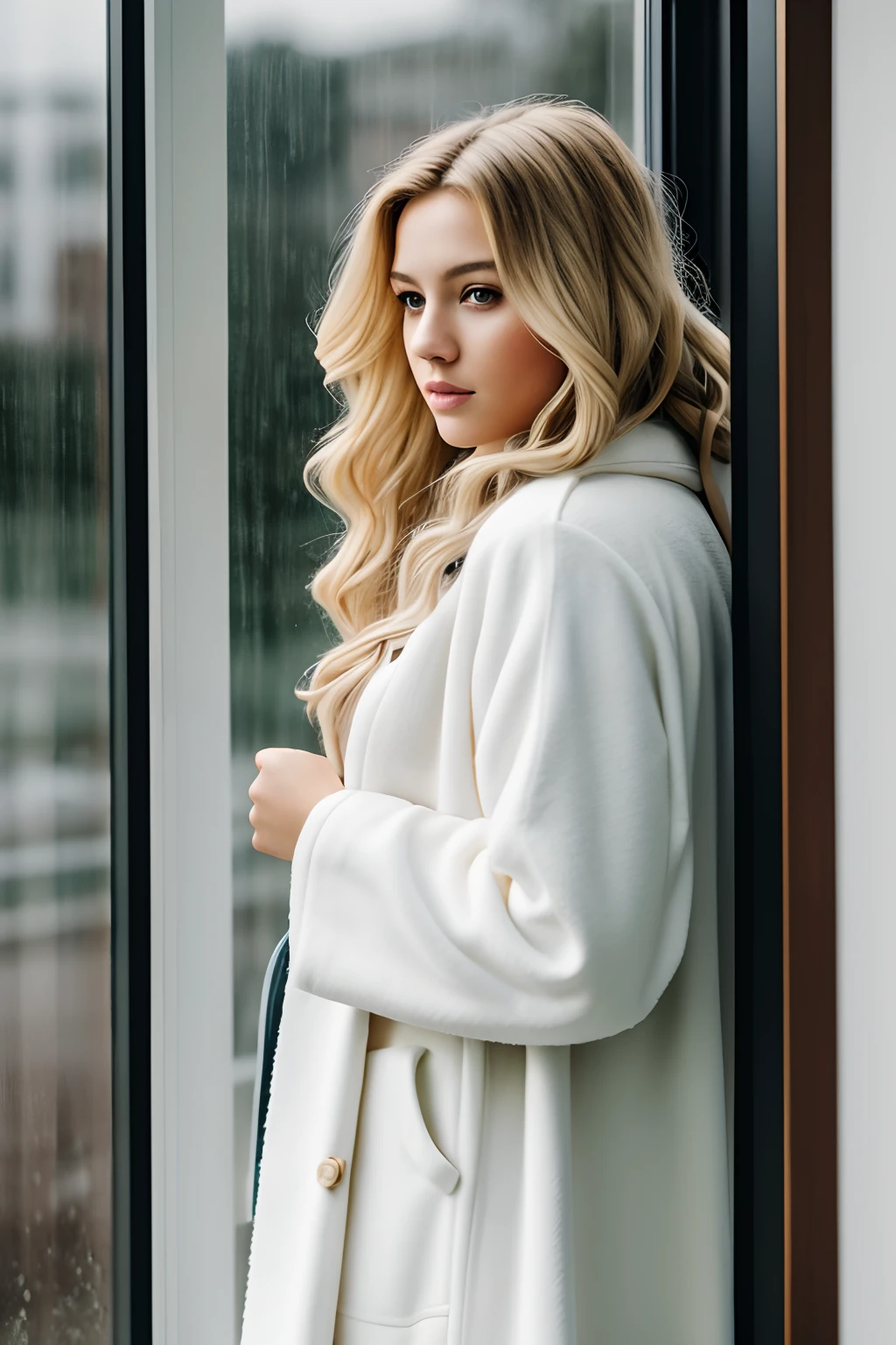 1girl in, age19, Solo, Long wavy hair,  blond, Colossal tits, looking over shoulder, blondehair, Full body, standing in front window, rain on window, raining, (extremely detailed 8k wallpaper), cool lighting, high quality, film grain, Fujifilm XT3 sharp focus, f 5.6, 50mm, High Detail, Sharp focus,(natural light), (seductive), house coat, White House coat, open house coat,