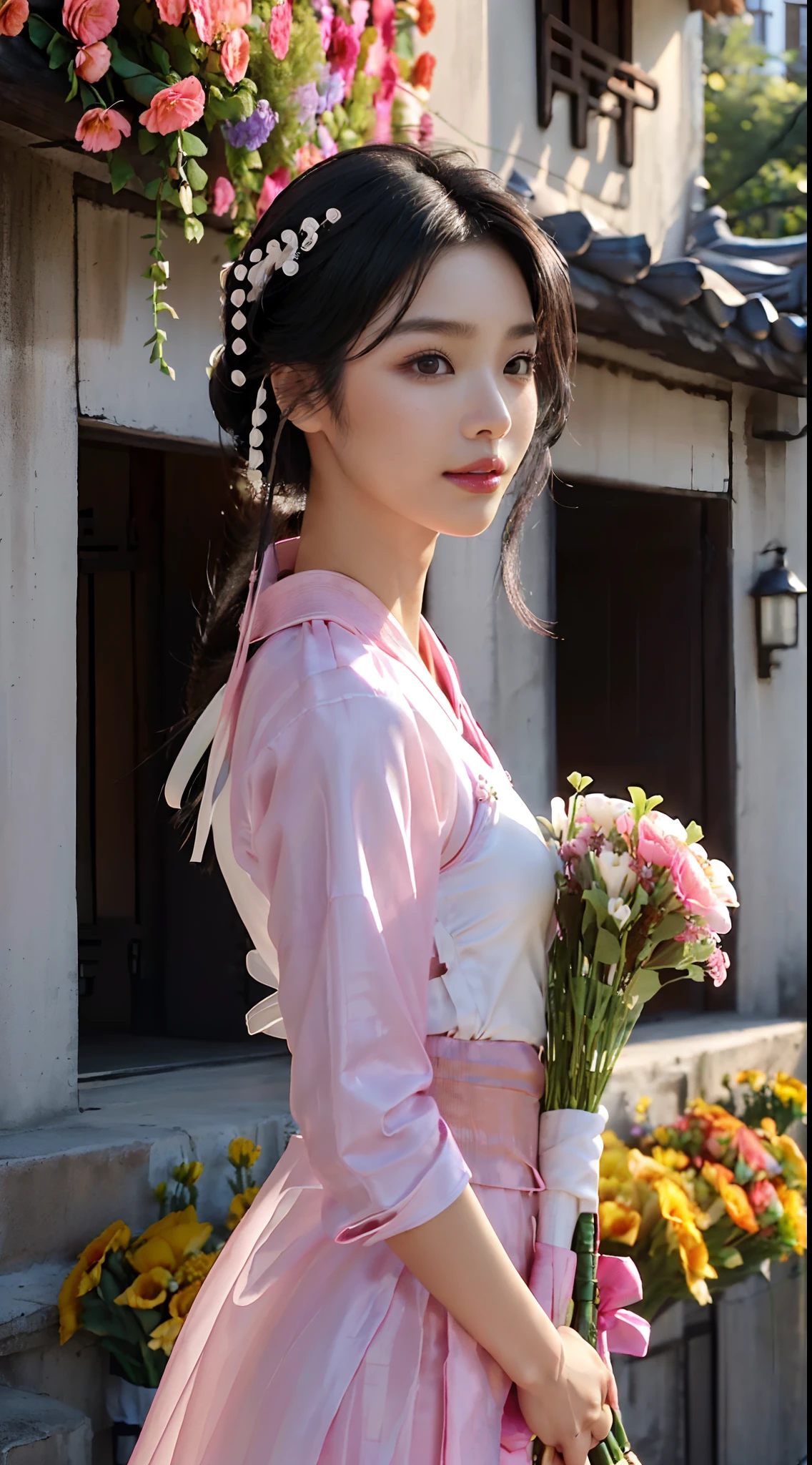 (Small underboob,small heads)), (perfect bodies: 1.1),(black hair:1.5),(极其细致的CG 8k壁纸），（Extremely refined and beautiful），（masterpiece），（best qualtiy：1.0），（超高分辨率：1.0）,[A high resolution],cheerfulness,smile,(Smooth and flawless fair skin:1.5),(shiny skin:1.5),(Exquisite Makeup:1.3),ultra - detailed,A Beautiful Korean girl,(big breasts:1.2),towering chest,Slim,emaciated,(gorgeous hanbok with white top and pink dress:1.5),autumn, in residential areas,high-rise residential buildings,in garden,on path,(standing:1.5),(Holding a bouquet of flowers in both hands in front:1.5),(upright from front:1.5),upper body,(close shot:1.3),(cowboy shot:1.3),(Front Portrait:1.5),morning,(day scene:1.5),bright sunshine,