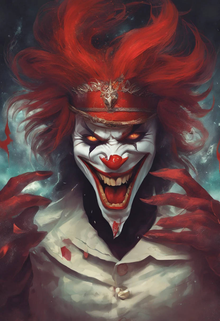 (best quality,4k,8k,highres,masterpiece:1.2),ultra-detailed,(realistic,photorealistic,photo-realistic:1.37), Joker giving a laughter, holding a Joker card in hand, black background with lots of blood, detailed eyes and face, bright red lips, twisted smile, crazy expression, dark atmosphere, villainous character, chaotic hair, menacing stare, vibrant colors, haunting presence, disturbing laughter, eerie lighting
