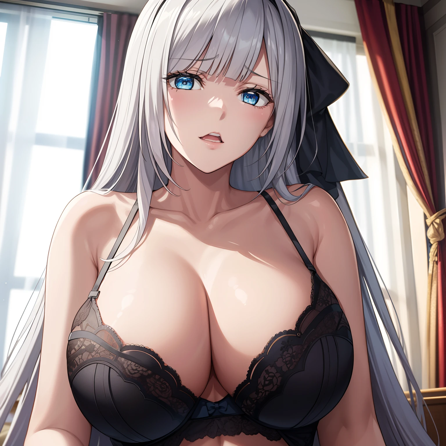 1girl,big breasts,hotel room,bed,(8k),
,detailed face,white hair,blue eyes,long hair,embarassed,shy,high_res, high_definition,battlefield,sexy pose,black sexy lingerie,