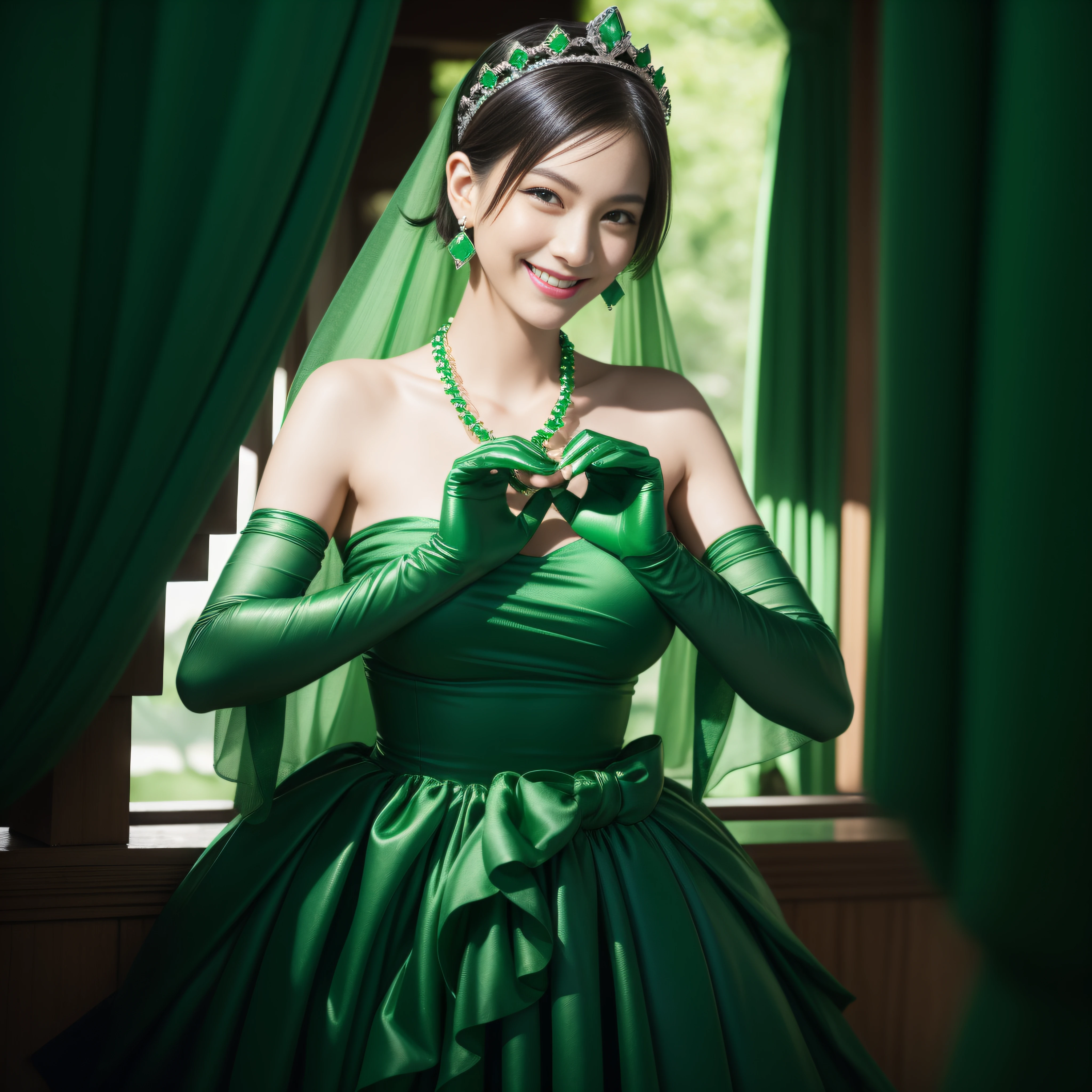 emerald tiara, Green Pearl Necklace, Boyish very short green hair, lipsticks, Japan woman smiling, very short short hair,  big breasts beautiful, Green eyes, Long green gloves made of satin material, Green eyes, Emerald Earrings, green vale, Heart with both hands