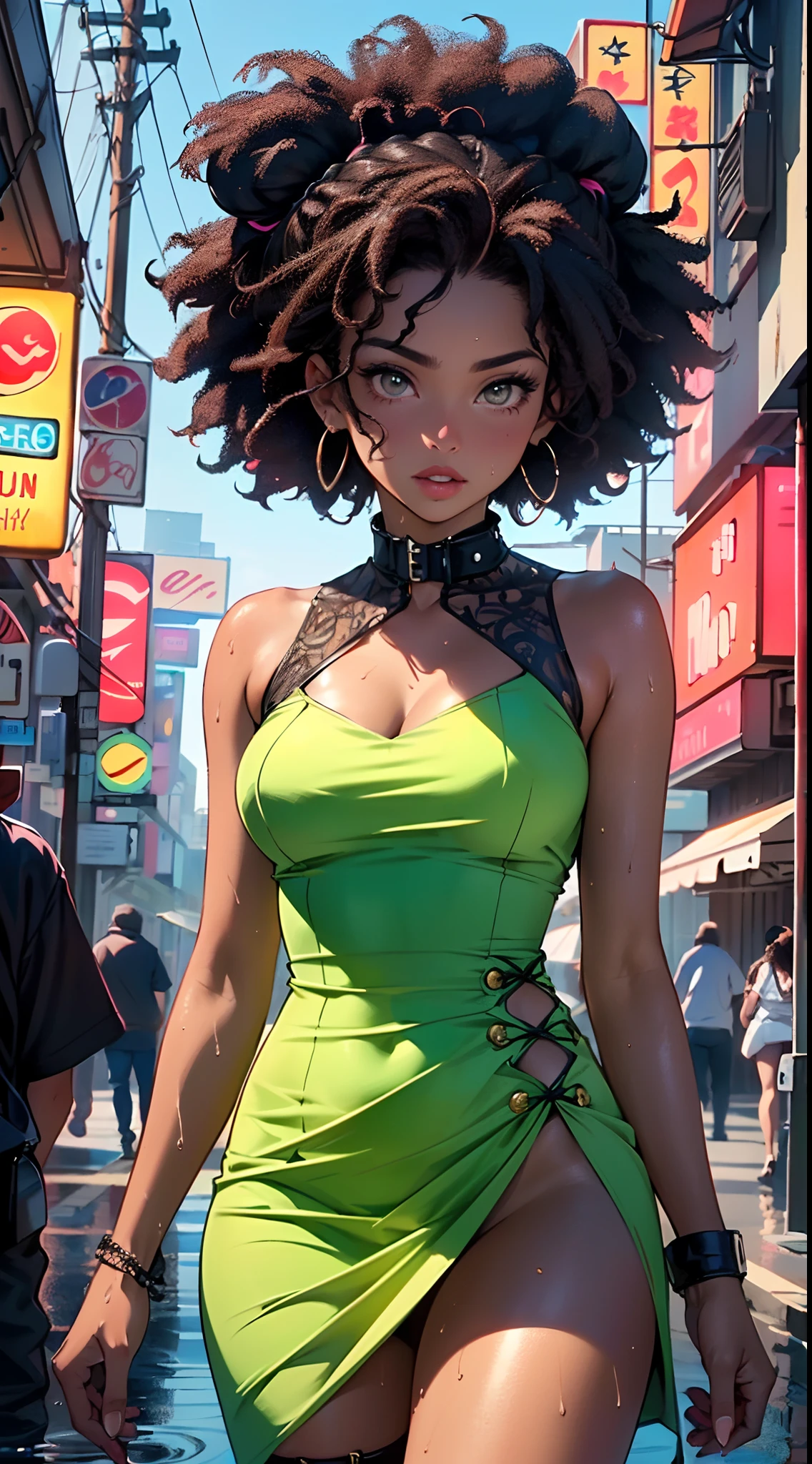 1 lady with an umbrella in the rain, in a green evening dress, focus only, (dark skin:1.3), long hair, black hair, dreadlocks, the background is a metropolis at night, blurred background, masterpiece, The best quality, detailed, beautiful
