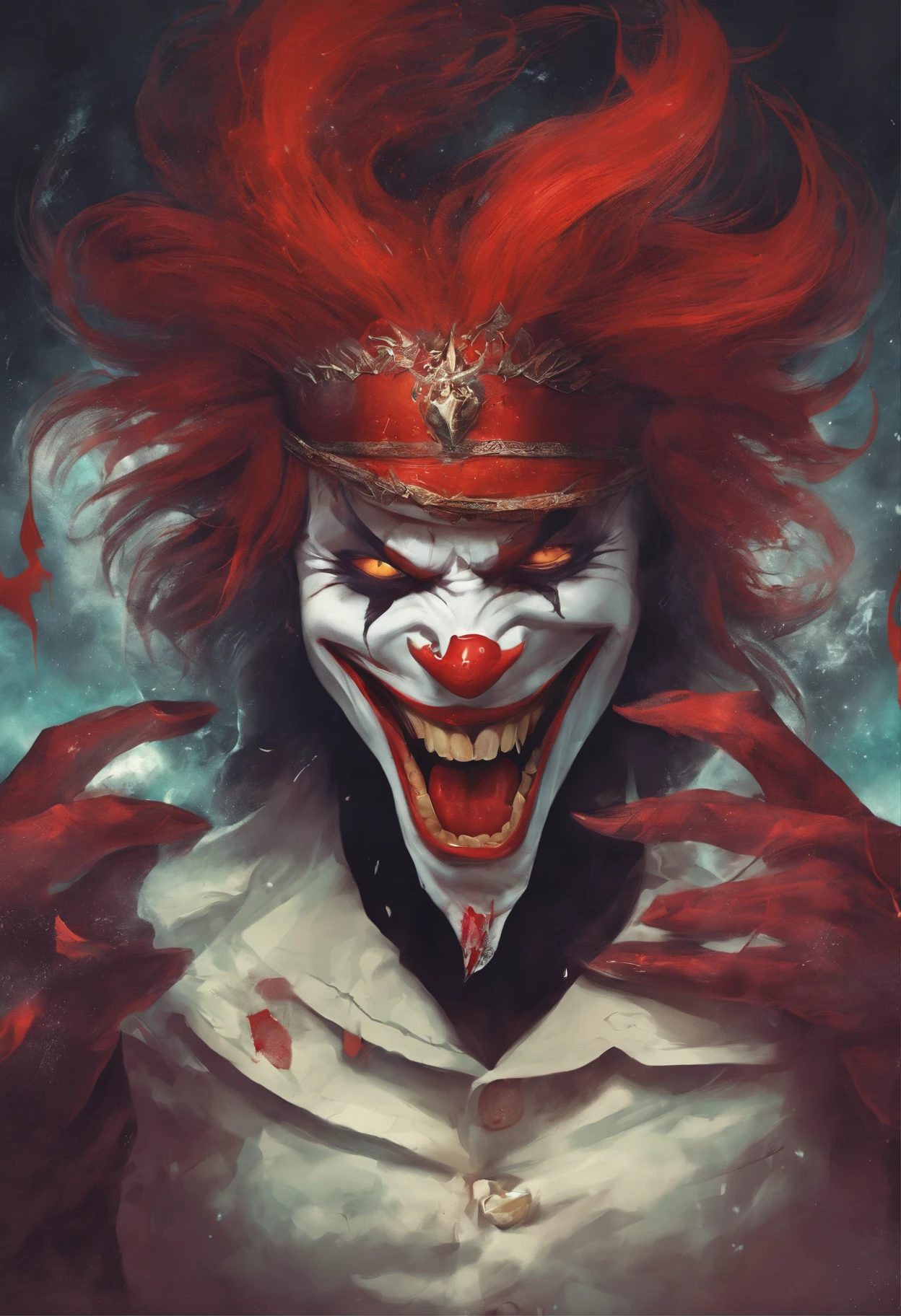 (best quality,4k,8k,highres,masterpiece:1.2),ultra-detailed,(realistic,photorealistic,photo-realistic:1.37), Joker giving a laughter, holding a Joker card in hand, black background with lots of blood, detailed eyes and face, bright red lips, twisted smile, crazy expression, dark atmosphere, villainous character, chaotic hair, menacing stare, vibrant colors, haunting presence, disturbing laughter, eerie lighting