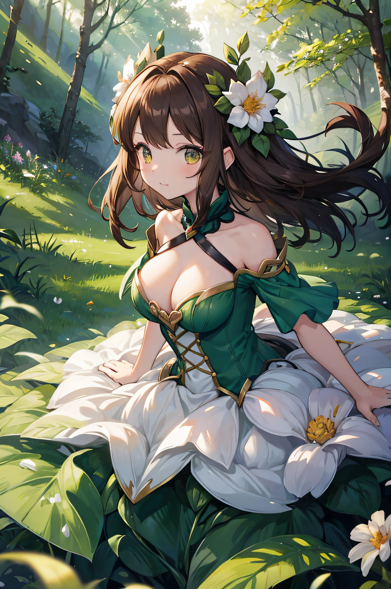 4K,hight resolution,One Woman,alraune,brown haired,Slightly larger,hime,tiarra,Princess dress made of grass,Flower Embellishment,in woods