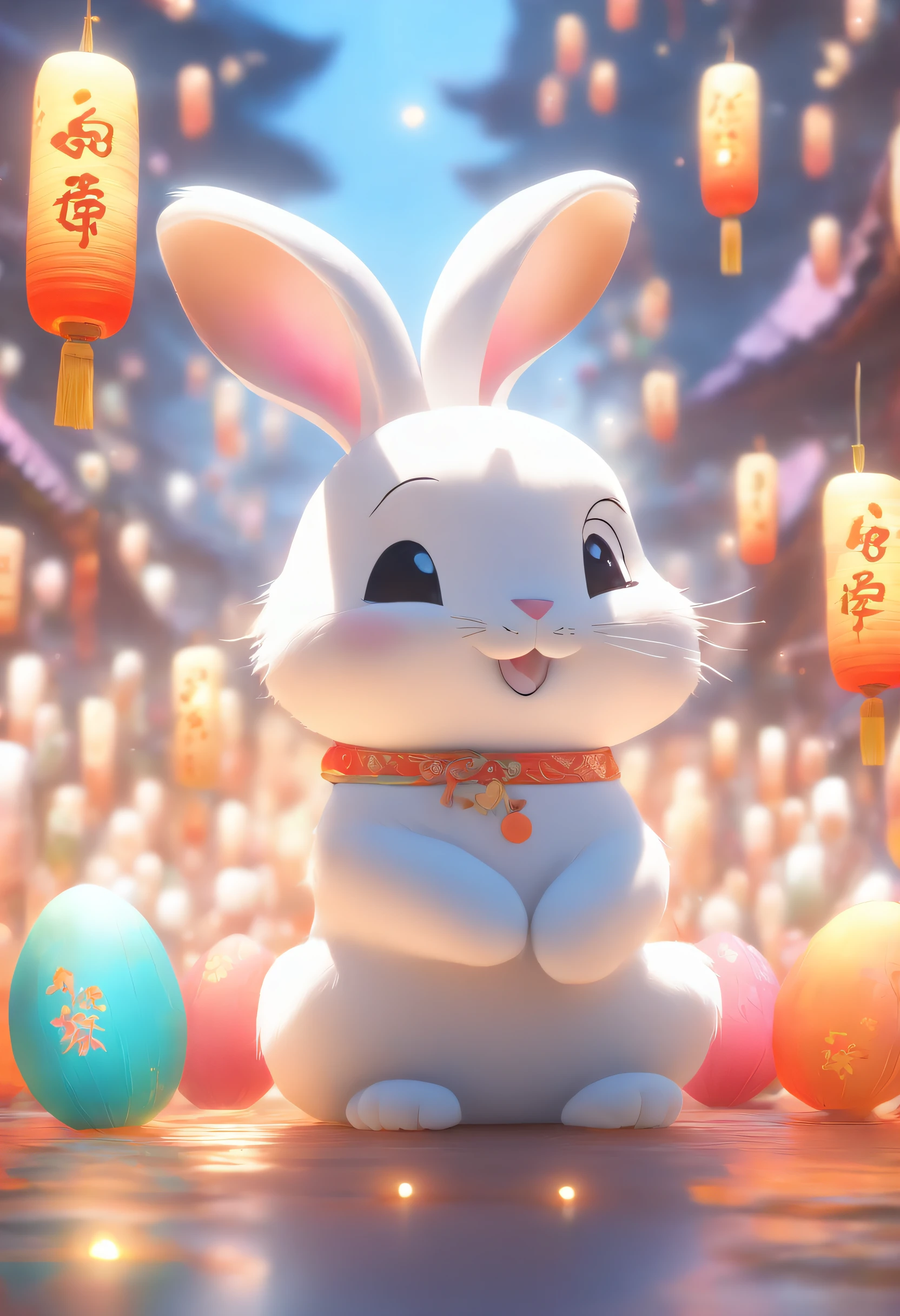 Very cute rabbit, Mid-Autumn Festival atmosphere, Silk, (Smooth texture), White body, Sitting on the ground, Looking Up, 。.3D, C4D, Best Quality, Super Detail, High quality, 4K - 3:4 - Rainbow 5