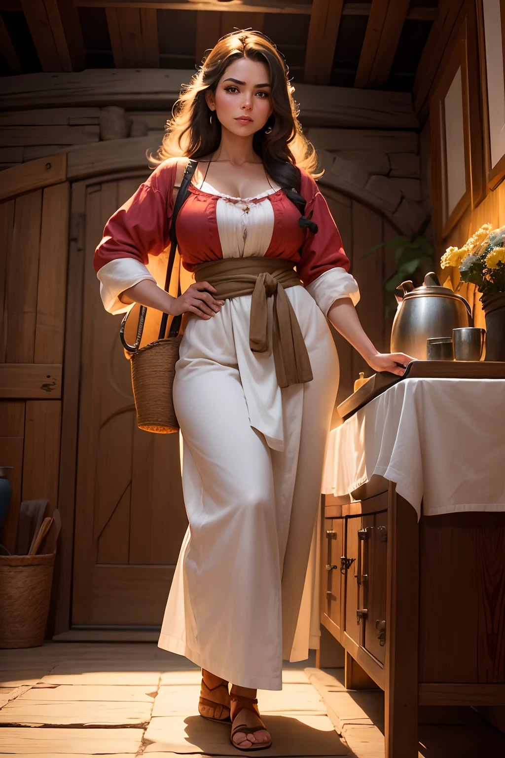 Arte ricamente inspirada no estilo de John Buscema,1mulher madura de longos cabelos ondulados, cabelos ruivos, seios fartos, corpo voluptuoso, wearing a traditional Hungarian peasant outfit, standing on her feet, Full body holding a jug of wine serving in a rustic tavern