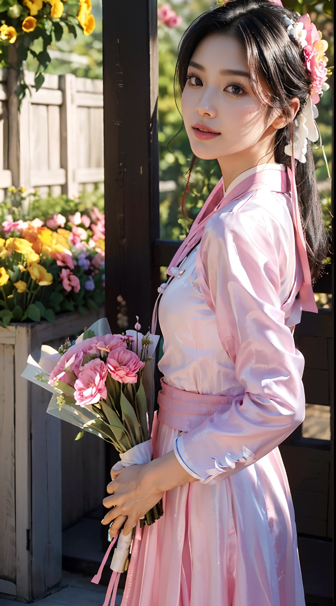 (Small underboob,small heads)), (perfect bodies: 1.1),(black hair:1.5),(极其细致的CG 8k壁纸），（Extremely refined and beautiful），（masterpiece），（best qualtiy：1.0），（超高分辨率：1.0）,[A high resolution],cheerfulness,smile,(Smooth and flawless fair skin:1.5),(shiny skin:1.5),(Exquisite Makeup:1.3),ultra - detailed,A Beautiful Korean girl,(big breasts:1.2),towering chest,Slim,emaciated,(gorgeous hanbok with white top and pink dress:1.5),autumn, in residential areas,high-rise residential buildings,in garden,on path,(standing:1.5),(Holding a bouquet of flowers in both hands in front:1.5),(upright from front:1.5),upper body,(close shot:1.3),(cowboy shot:1.3),(Front Portrait:1.5),morning,(day scene:1.5),bright sunshine,