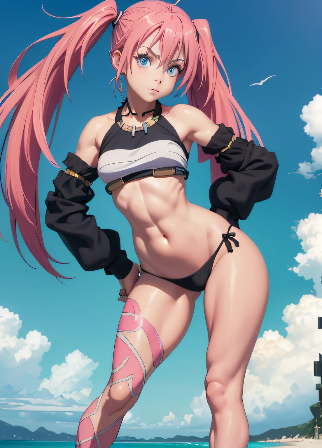 masterpiece, best quality, 1girl, solo, bikini, (pose with 2 hands on waist), on the beach, looking at the viewer, body paint, head tilt, long pink hair, pigtails, perfect blue eyes , thick and muscular thighs, muscular belly, barefoot, medium breasts, full body photo, perfect hands