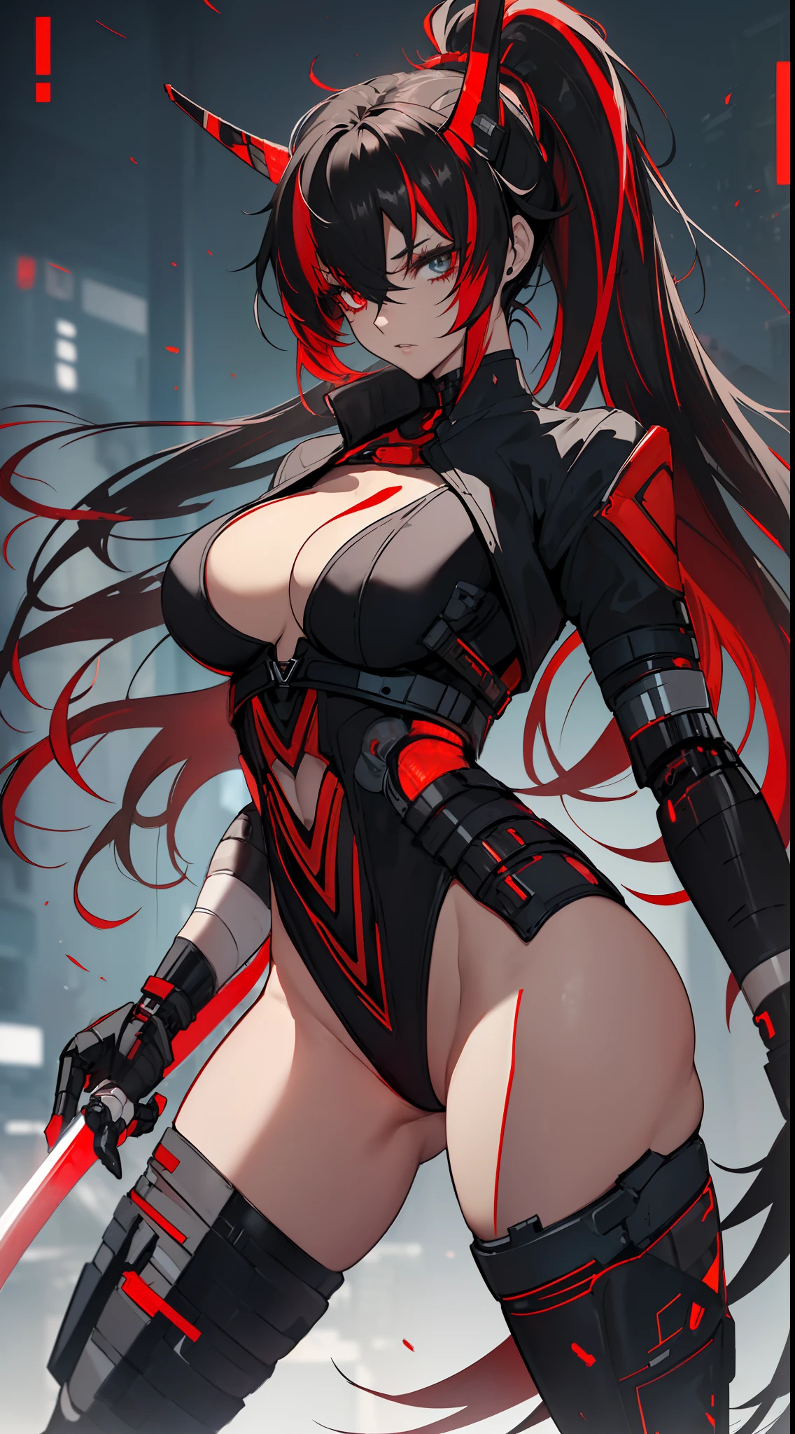 (best quality:1.2, masterpiece, anime) (solo) ((black hair:1.8), (hair with red highlights:1.7), (very long hair, single ponytail)), ((heterochromia_eyes_red_and_grey:1.4)), thick thighs, huge breasts, muscular, athletic, (cyborg:1.5), (robot arms:1.4), (robot legs:1.4), ((highcut leotard:1.8), one-piece, red_black_outift:1.3,) cleavage)), (jacket:1.3), (headgear, horn-like devices), toned body, 1 woman, (age 26), ((holding sword:1.6, katana, glowing)), beautiful, sexy, first rate body, (Lucia_Crimson_Weave:1.4), Lucia