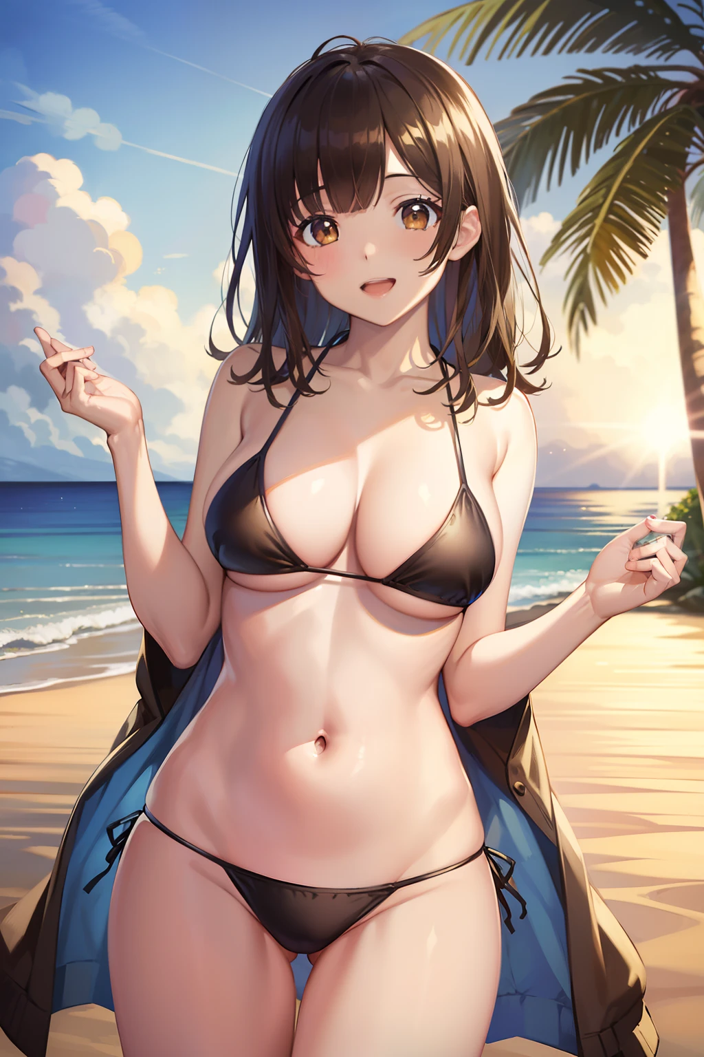 Sayuogi Wara, Sayu Ogiwara, Brown hair, (Brown eyes:1.5), Medium Hair,Naughty big、large full breasts、looking at the viewers, BREAK (masutepiece:1.2), Best Quality, High resolution, Unity 8k壁纸, (Illustration:0.8), (Beautiful detailed eyes:1.6), extra detailed face, Perfect Lighting, extremely details CG, (Perfect hands, Perfect Anatomy),Smile with open mouth、(Blue Bikini:1.3), (the beach:1.3)、cowboy  shot、