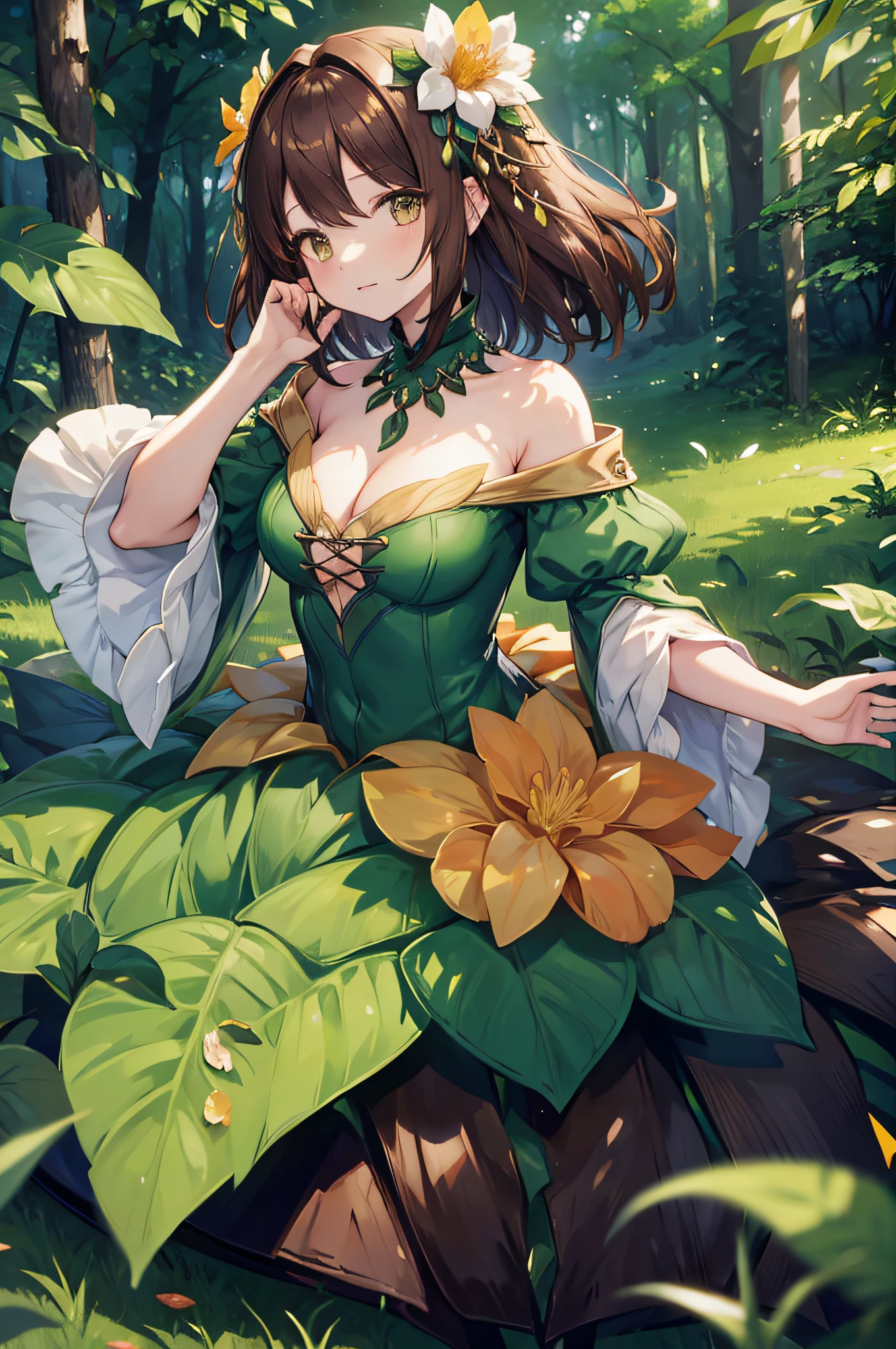 4K,hight resolution,One Woman,alraune,brown haired,Slightly larger,hime,tiarra,Dress made of grass,Flower Embellishment,Leaf decoration,in woods