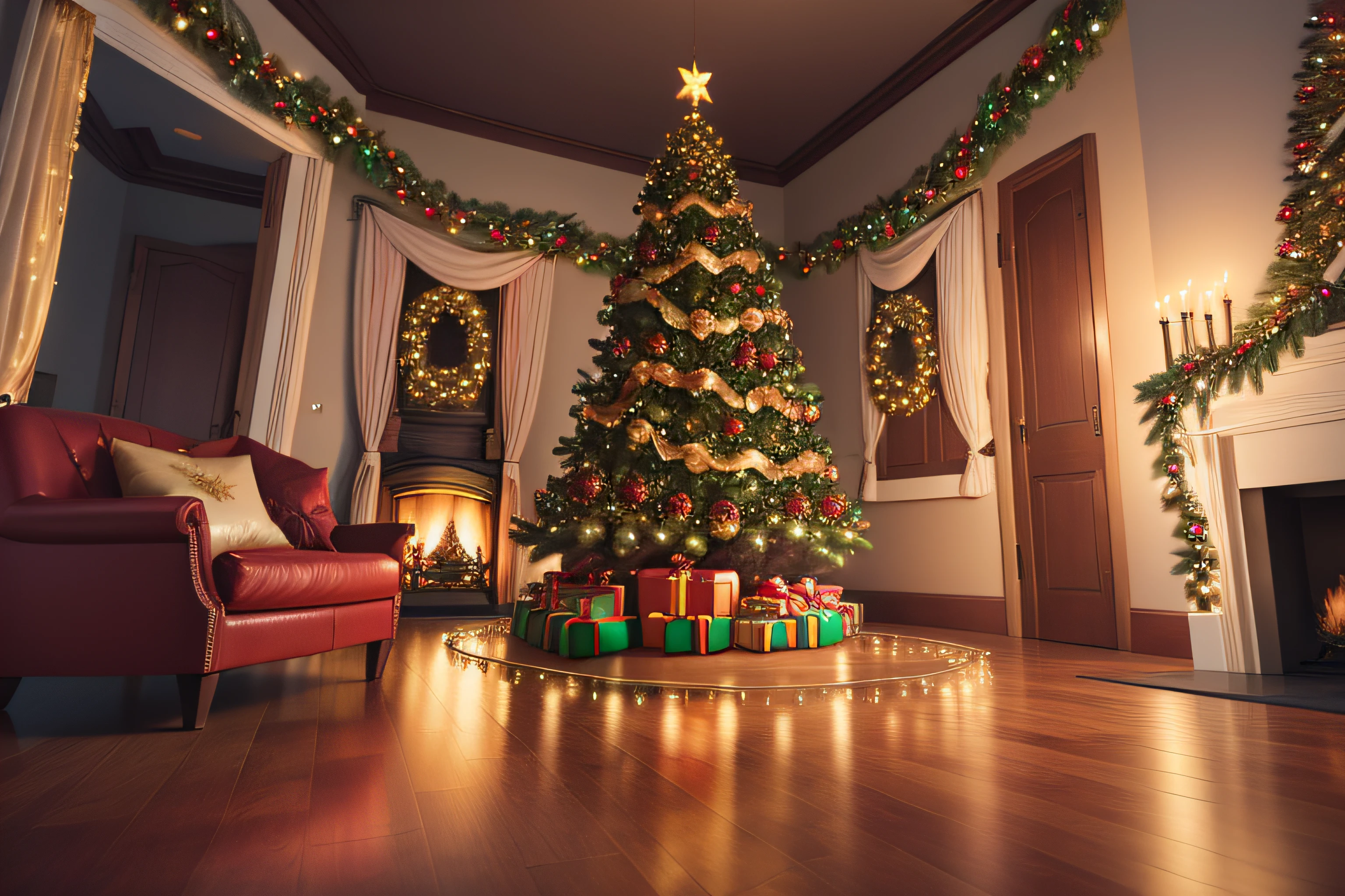 Garland of lights in a room background, christmas, realistic, professional photography, very detailed, 8k, realism, super detailed, ((No lettering)).