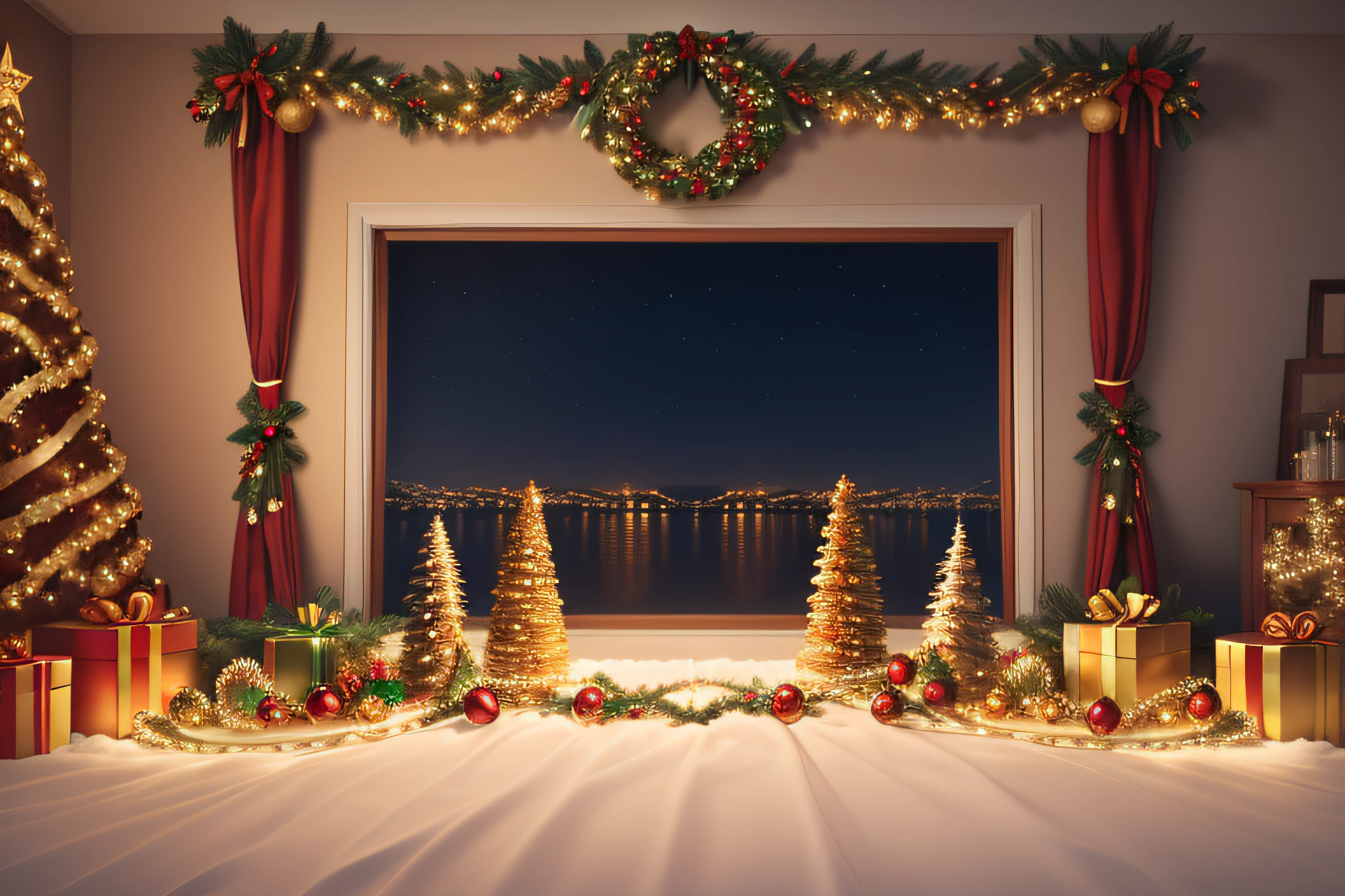 Garland of lights in a room background, christmas, realistic, professional photography, very detailed, 8k, realism, super detailed, ((No lettering)).