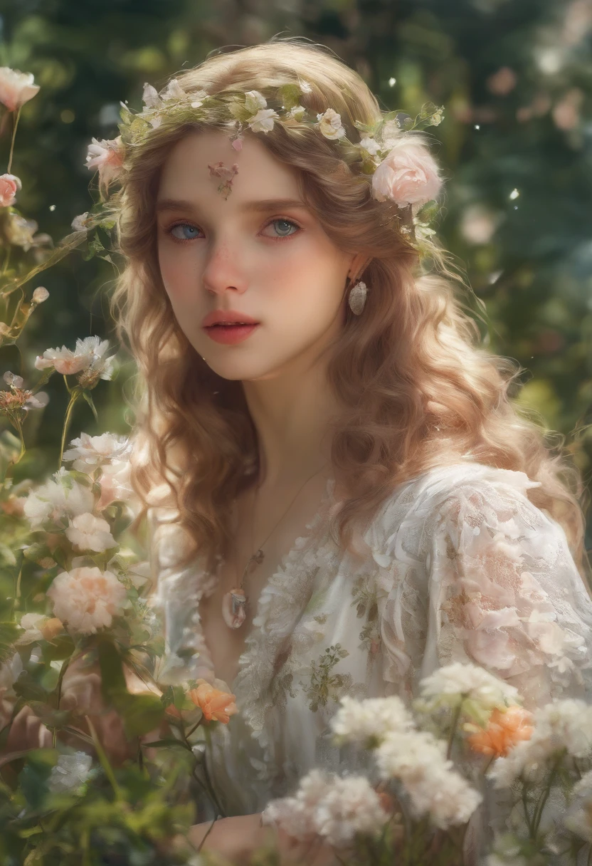 a girl in a garden,medium:oil painting,detailed flowers and plants,soft sunlight filtering through the trees,vibrant colors,beautiful detailed eyes,beautiful detailed lips,soft breeze blowing her hair,intense gaze,playful expression,flowing dress,delicate lace trim,feminine silhouette,green grass and blooming flowers,bright blue sky with fluffy white clouds(best quality,4k,8k,highres,masterpiece:1.2),ultra-detailed,realistic:1.37,impressionistic style,pastel color palette,warm and golden lighting