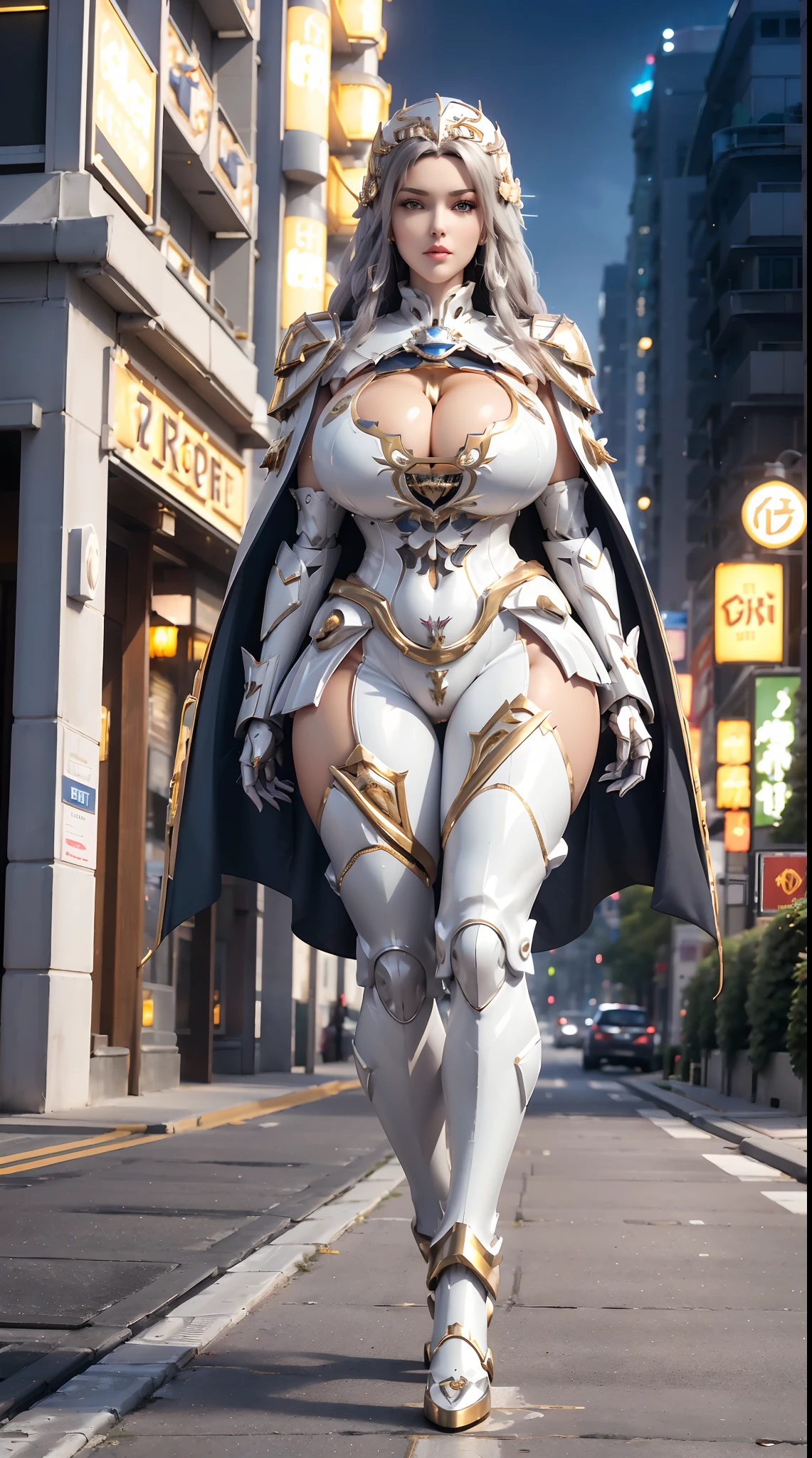 1GIRL, SOLO, (DARK HAIR, HAIR ORNAMENT), (HUGE FAKE BOOBS:1.3), (white, gold, FUTURISTIC DRAGON MECHA ARMOR SUIT, ROYAL CAPE, CLEAVAGE:1.5), (SKINTIGHT YOGA PANTS, HIGH HEELS:1.2), (NSFW GLAMOROUS BODY, SEXY LONG LEGS, FULL BODY:1.3), (FROM FRONT, LOOKING AT VIEWER:1), (WALKING DOWN ON STREET NIGHT CITY:1.3), PHYSICALLY-BASED RENDERING, ULTRA HIGHT DEFINITION, 8K, 1080P.