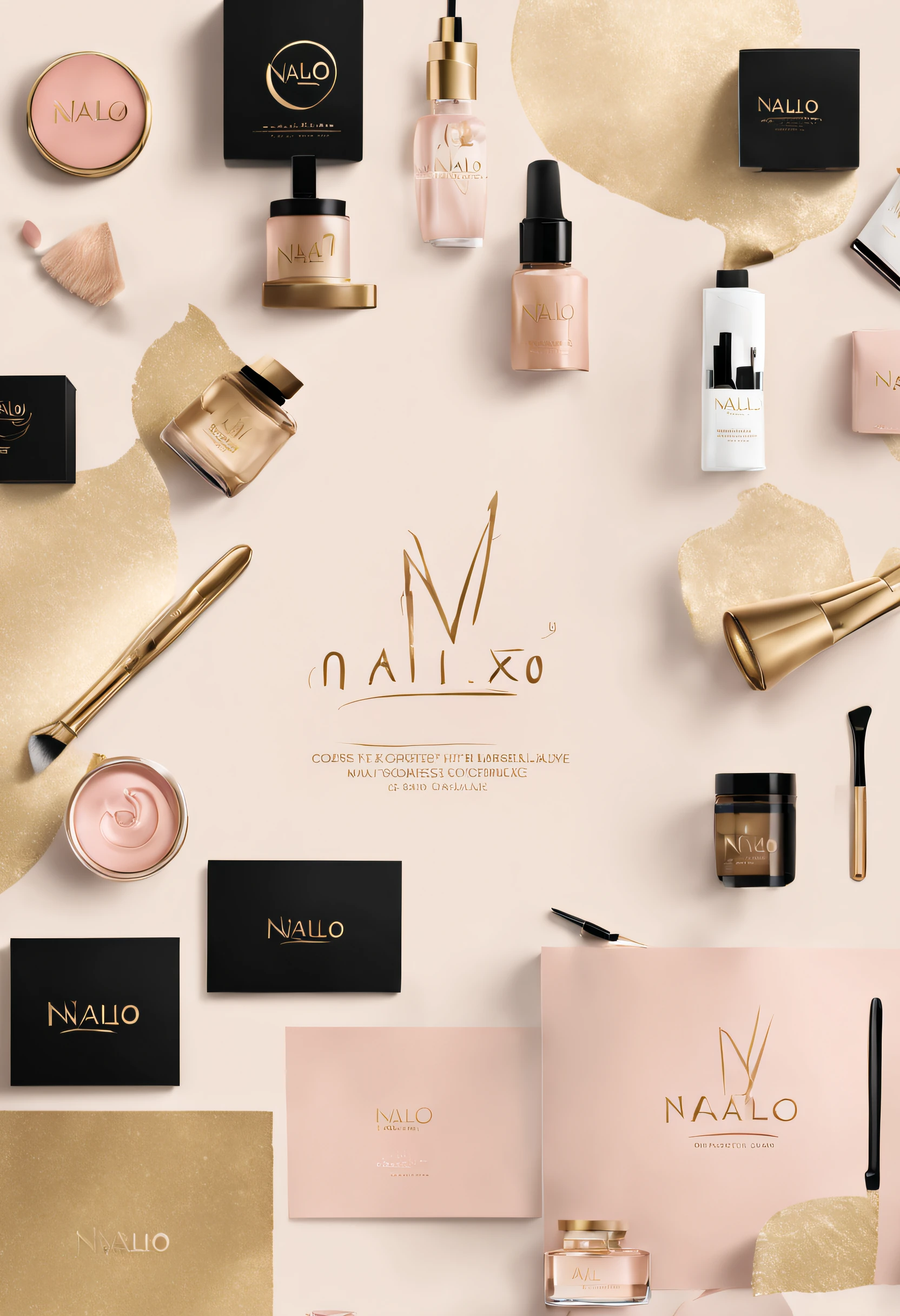 "Develop a logo for an online cosmetics store called 'Nalô Beauty'. The logo should reflect the elegance, sophistication and beauty of the brand. Follow these guidelines:

Style the name 'Nalô Beauty' to convey sophistication and beauty. Experiment with different font styles, like handwritten or serif, and choose soft colors, like shades of pink, nude, or gold.

Integrate a subtle icon that represents the cosmetics industry. This could include a stylized makeup brush or an element that resembles a beauty product.

Make sure the logo is balanced and readable at different sizes. Ensure versatility for use on websites, social networks and print materials.

Add a personal touch that reflects the uniqueness of the 'Nalô Beauty' brand.

After creating the logo, provide the final high-resolution files and explain how the brand should be applied in different contexts. Make sure the logo meets the expectations and needs of the brand and target audience.”