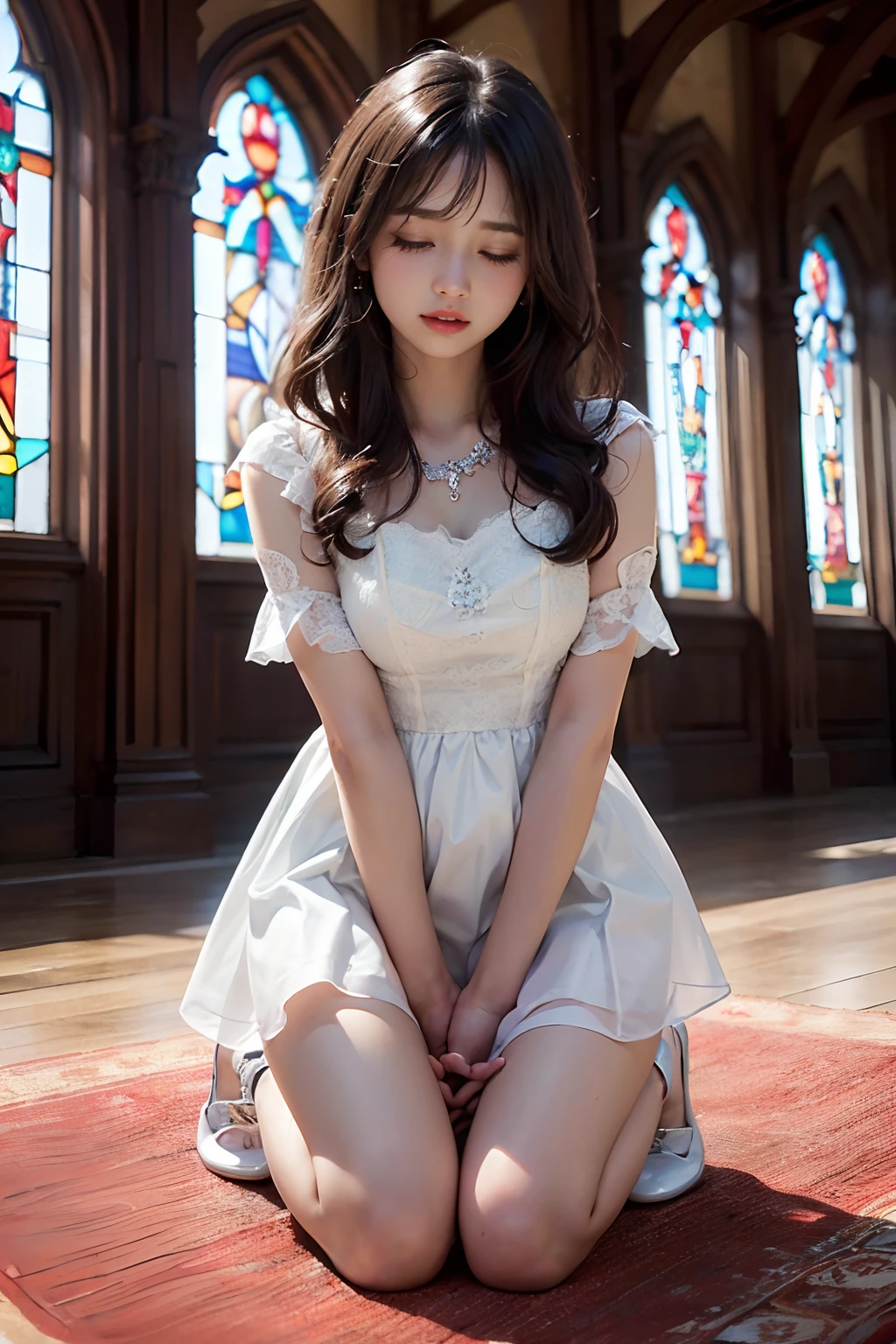 ((no-makeup、Close your eyes、closes mouth、Get down on both knees、Pray:1.2))、(realisitic、Photorealsitic、ultra-detailliert、Highest Details Skins、top-quality、​masterpiece、超A high resolution)、Pretty girl、17 age、chies、stain glass、Brobby background