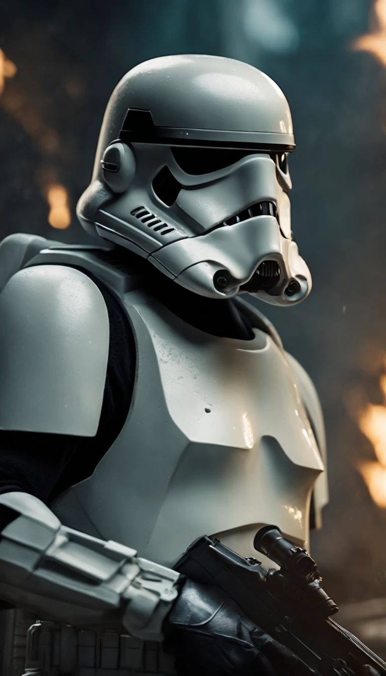 (best quality,4k,8k,highres,masterpiece:1.2),ultra-detailed,(realistic,photorealistic,photo-realistic:1.37),stormtrooper,carrying a blaster rifle, on the battlefield,motion-blur effect,commanding pose,grim expression,visually stunning,sci-fi,futuristic lighting,strong contrast,vivid colors