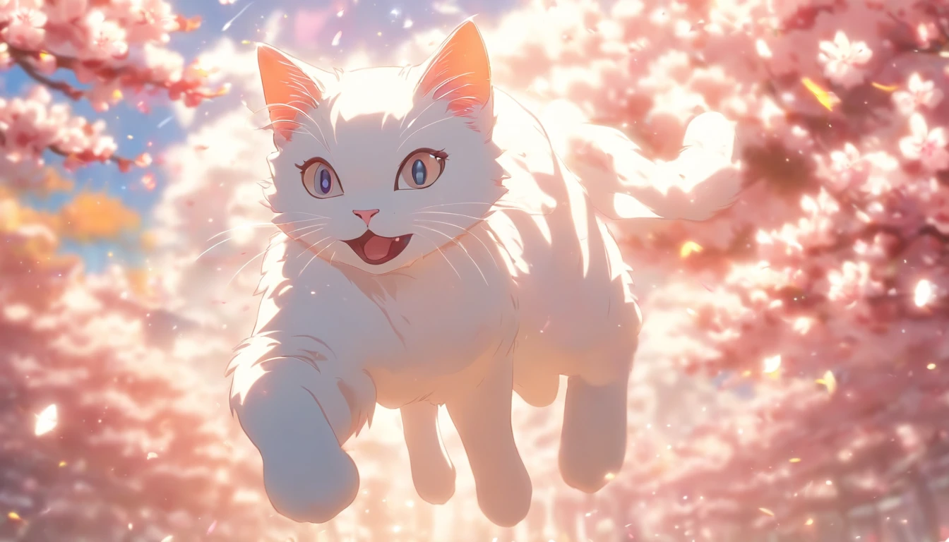 Cartoon White Cat, Floating in mid-air, Rainbow Back, Around the cherry blossoms, high detailing, Cinematic lighting, Motion Blur, color difference, hyper HD, masutepiece, Super Detail, high details, High quality, awardwinning, Best Quality, hight resolution