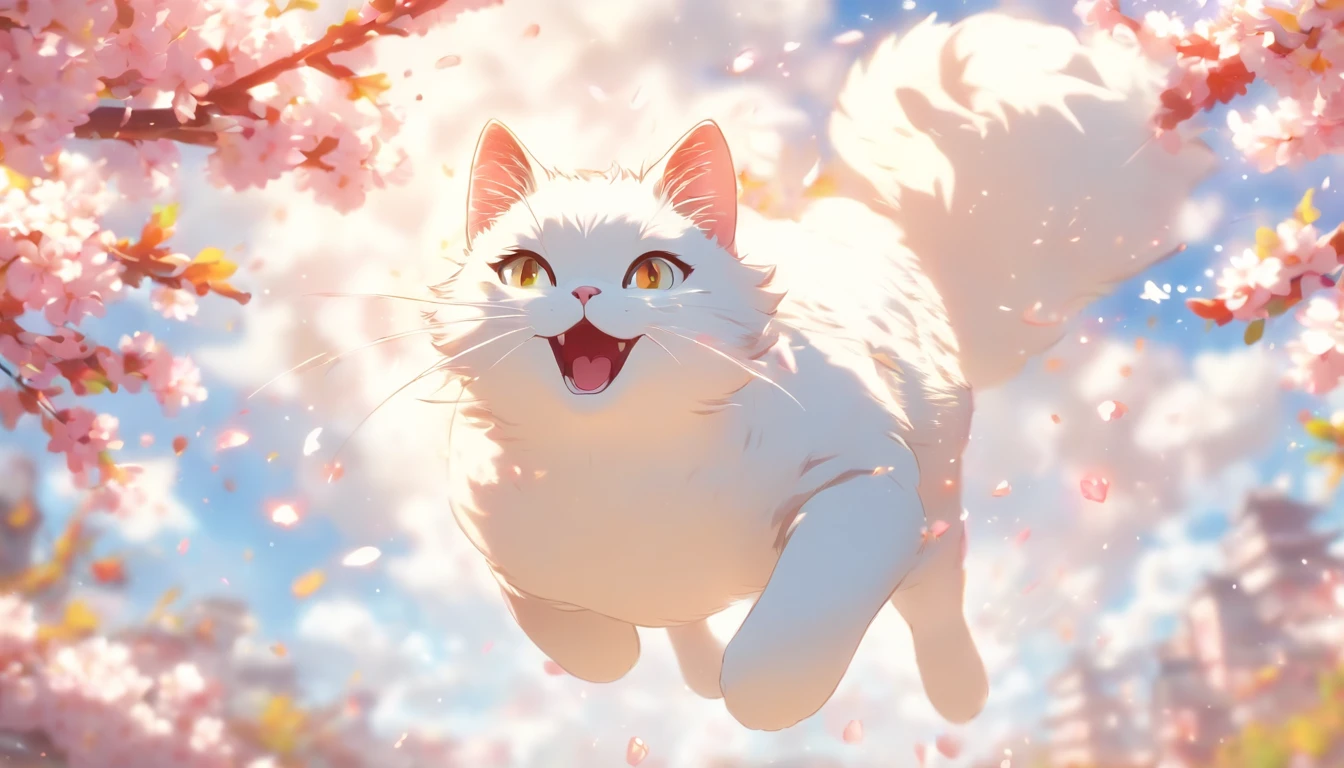 Cartoon White Cat, Floating in mid-air, Rainbow Back, Around the cherry blossoms, high detailing, Cinematic lighting, Motion Blur, color difference, hyper HD, masutepiece, Super Detail, high details, High quality, awardwinning, Best Quality, hight resolution