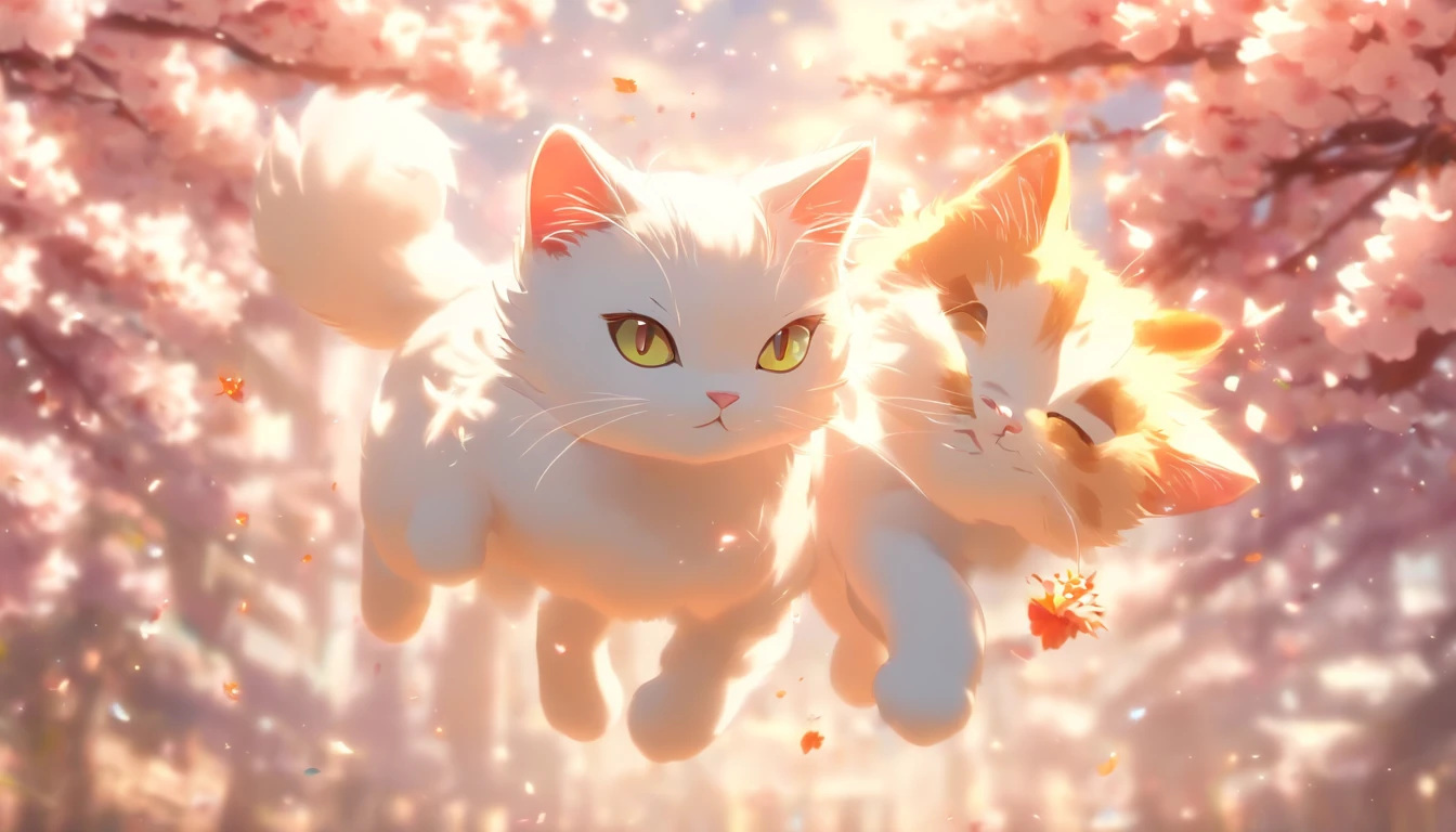 Cartoon White Cat, Floating in mid-air, Rainbow Back, Around the cherry blossoms, high detailing, Cinematic lighting, Motion Blur, color difference, hyper HD, masutepiece, Super Detail, high details, High quality, awardwinning, Best Quality, hight resolution