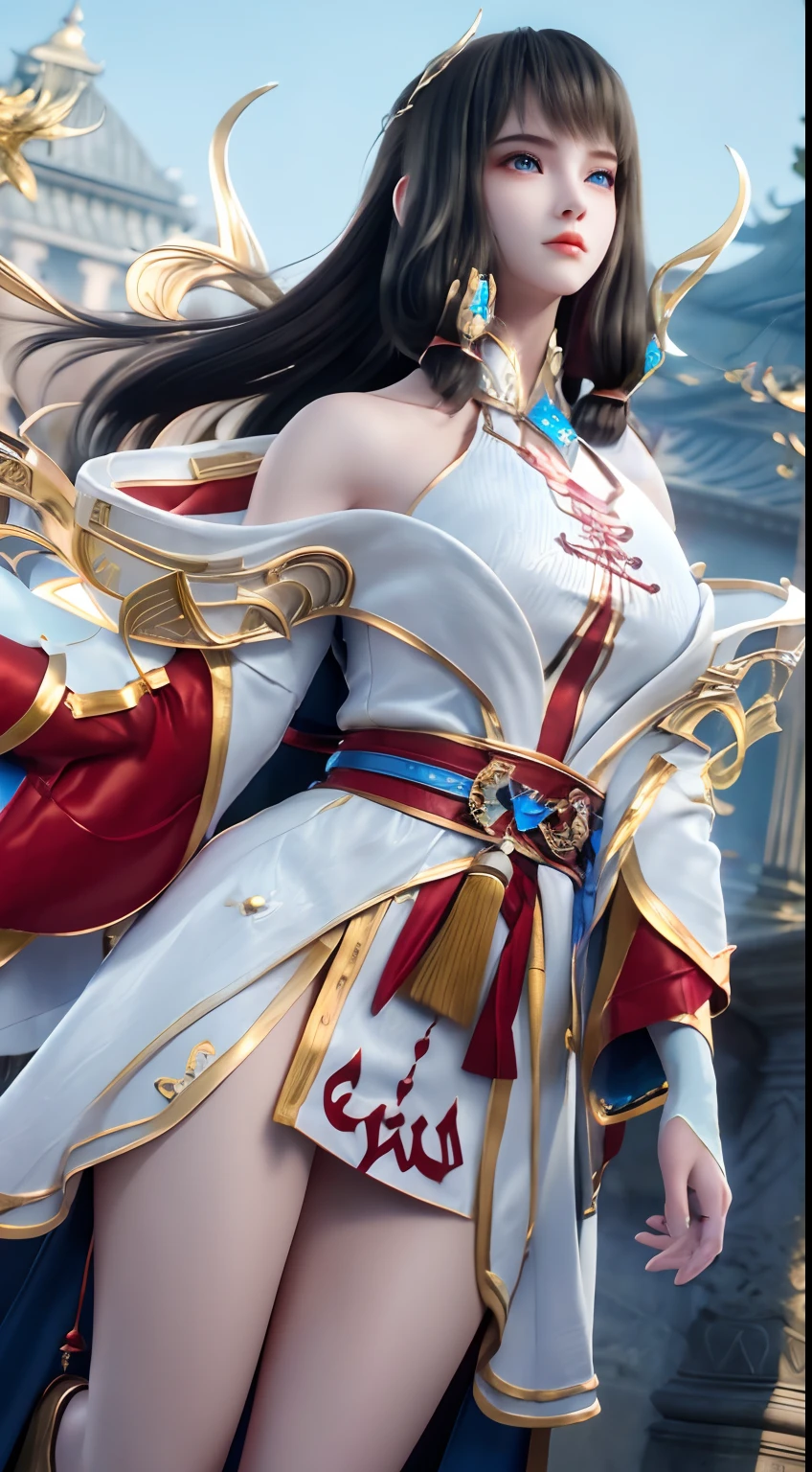 (8k, RAW photo, best quality, masterpiece:1.2),(realistic, photo-realistic:1.4), ultra-detailed, extremely detailed cg 8k wallpaper,(crystalstexture skin:1.2), (extremely delicate and beautiful),
1girl,solo,black hair,  (((long hair))), blue eyes, closed mouth, hair ornament, bare shoulders, detached sleeves,big breasts, blue dress,looking at viewer, full body, beautiful legs, (((seductive))), ((floating in the air)),