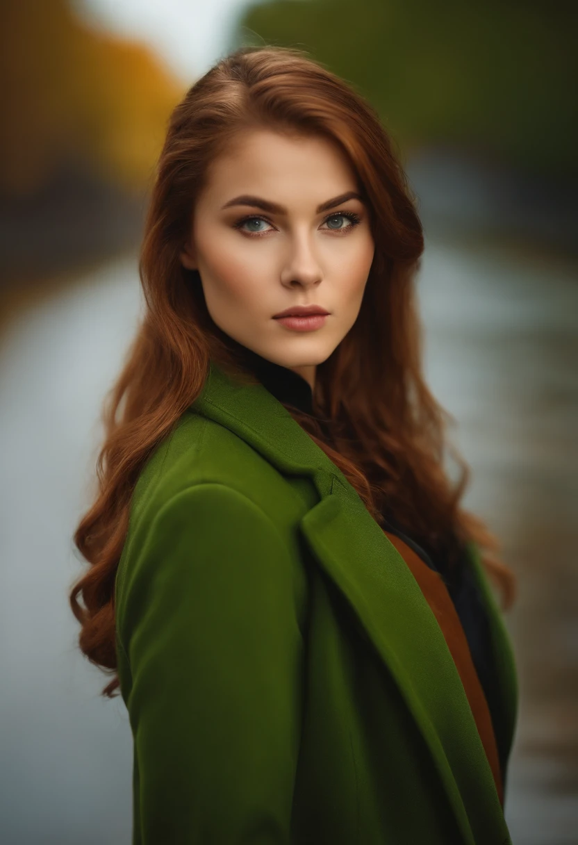 young woman, auburn hair, amber eyes, ponytail, long hair, bangs, green coat, 18 years old, upper body, beauty, solo, extremely beautiful face, exquisite face