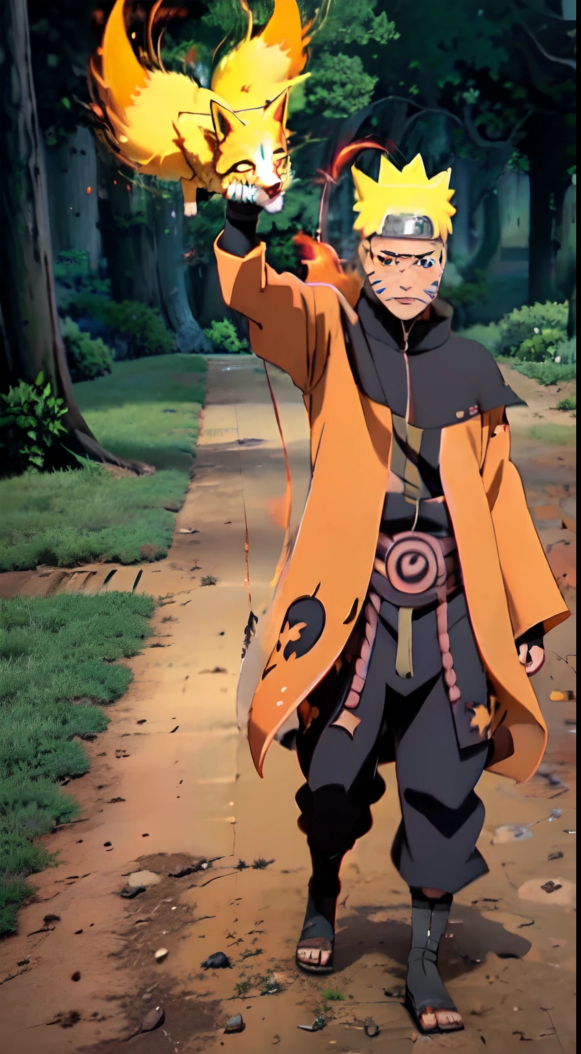 Uzumaki Naruto Shippuden, art cinematic,best quality, Nove contos Fox Sprite no fundo, beautiful red cinematic light effects, Obra de arte premiada da Masterpiece Collection, Arte Oficial, Vila Escondida da Folha, coragem, Full body with dynamic poses, Anime japones, cinematic anime effects