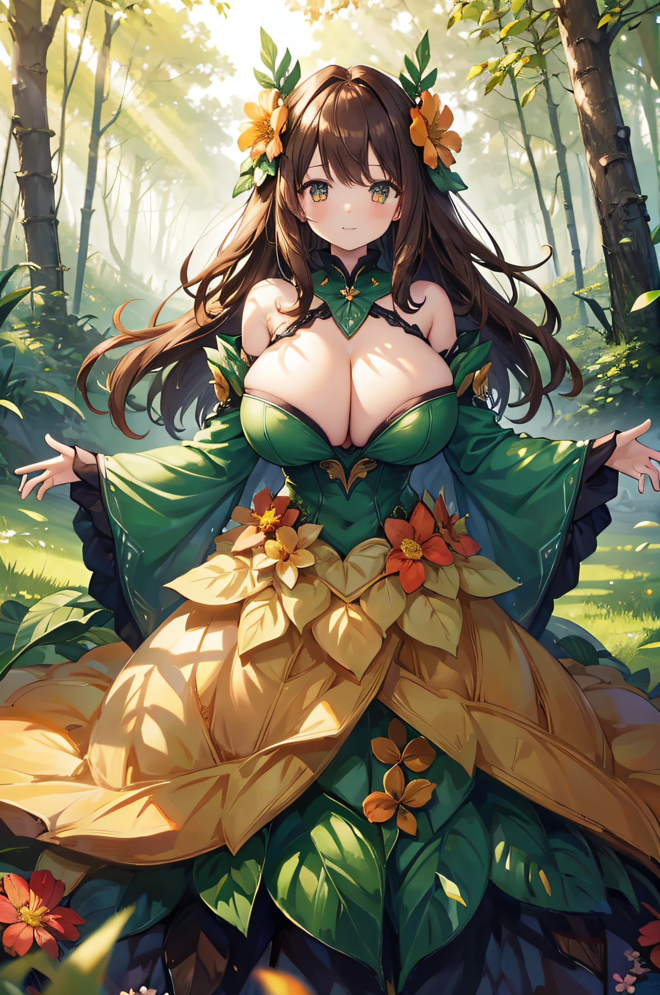 4K,hight resolution,One Woman,alraune,brown haired,huge tit,hime,tiarra,Dress made of grass,Flower Embellishment,Leaf decoration,in woods