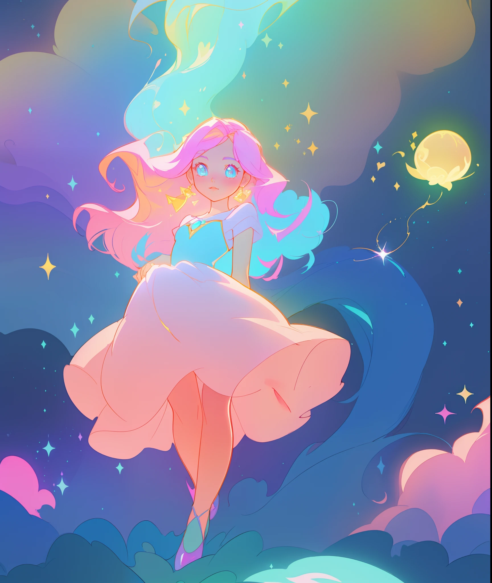 beautiful girl, puffy tiered ballgown, vibrant pastel colors, (colorful), glowing golden long hair, magical lights, sparkling magical liquid, inspired by Glen Keane, inspired by Lois van Baarle, disney art style, by Lois van Baarle, glowing aura around her, by Glen Keane, jen bartel, glowing lights! digital painting, flowing glowing hair, glowing flowing hair, beautiful digital illustration, fantasia background, whimsical, magical, fantasy, ((beautiful face)), ((masterpiece, best quality)), intricate details, highly detailed, sharp focus, 8k resolution, sparkling detailed eyes, liquid watercolor
