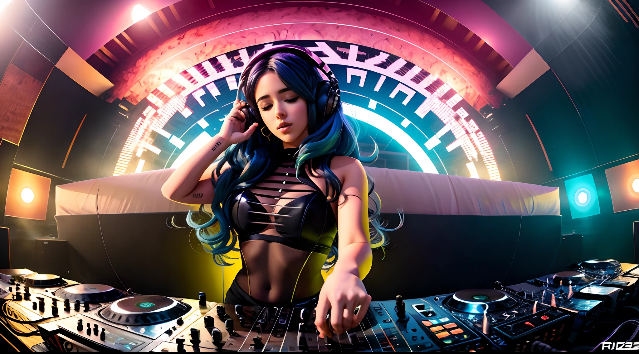 uma mulher linda dj,  cabelo liso muito comprido , com  fones de ouvido, perfect fingers , prisma, 2 d cg | luzes neom |, Art not Guweiz style, 3840x2160, 3840 x 2160, Estilo anime 4K, papel de parede!, Fanart de alta qualidade