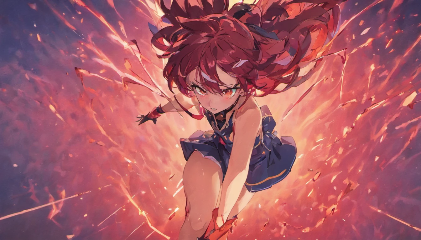 Matoi Ryuko kill la kill, abrigo rosa abierto, Parte superior negra, Black neck cord, pantalones cortos de jean, Conjuntivitis, sosteniendo un plato blanco, anime, 2d, Lindo, tetas grandes, sexy, Mujer blanca, Pose linda, sonriente, feliz