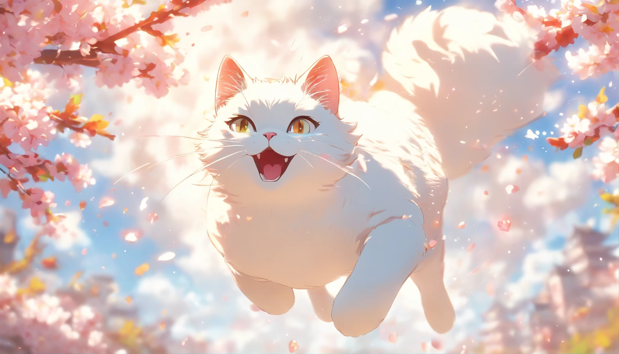 Cartoon White Cat, Floating in mid-air, Rainbow Back, Around the cherry blossoms, high detailing, Cinematic lighting, Motion Blur, color difference, hyper HD, masutepiece, Super Detail, high details, High quality, awardwinning, Best Quality, hight resolution