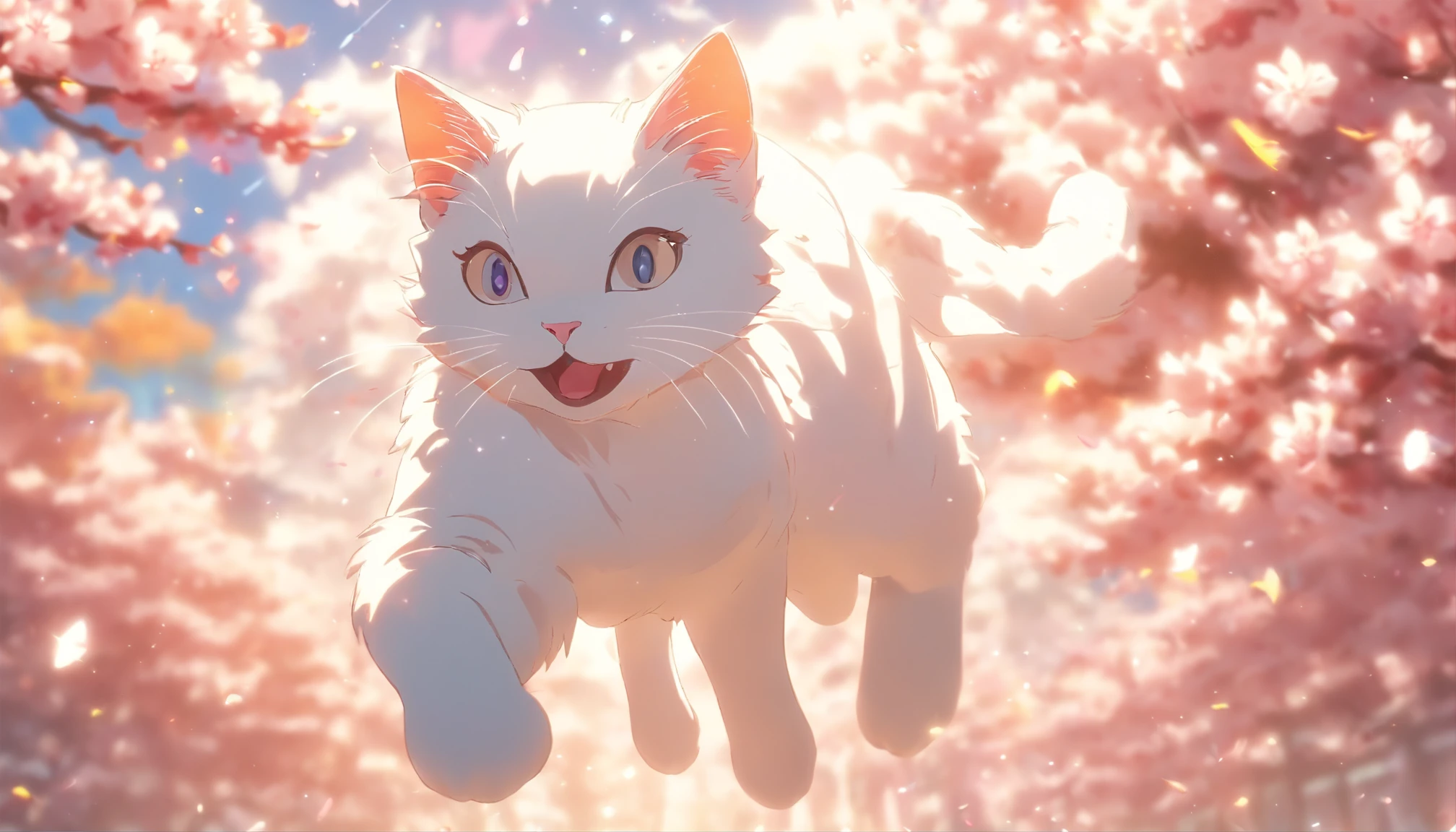 Cartoon White Cat, Floating in mid-air, Rainbow Back, Around the cherry blossoms, high detailing, Cinematic lighting, Motion Blur, color difference, hyper HD, masutepiece, Super Detail, high details, High quality, awardwinning, Best Quality, hight resolution